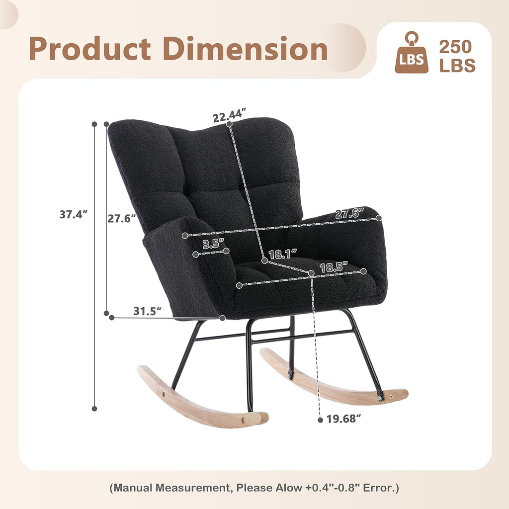Setawix Teddy Fabric Rocking Accent Chair,Mid Century Modern Rocking Glider Armchair,Leisure Tufted Rocker Arm Chair for Nursery,Bedroom,Living Room (Teddy Black, 27.6')