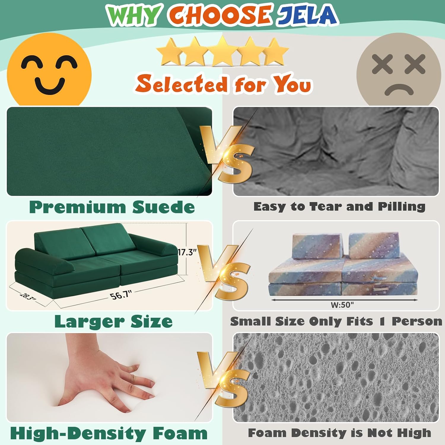 jela Kids Couch Safety Certified Play Couch Soft Kids Sofa with Machine Washable Cover Thick Foam Fort Building Set for Playroom Indoor (57'x28'x18', Pine Green)