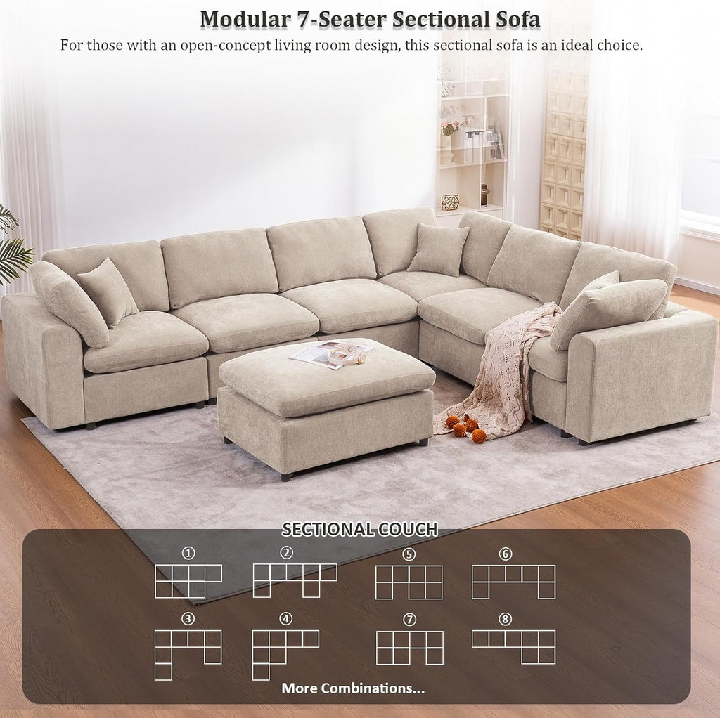 Oversized Modular Sectional Sofa Couch, Large 7 Seater Corner Sofa Modern U Shaped Sectional Couch with Ottoman Cloud Couches for Living Room, Office, Spacious Space