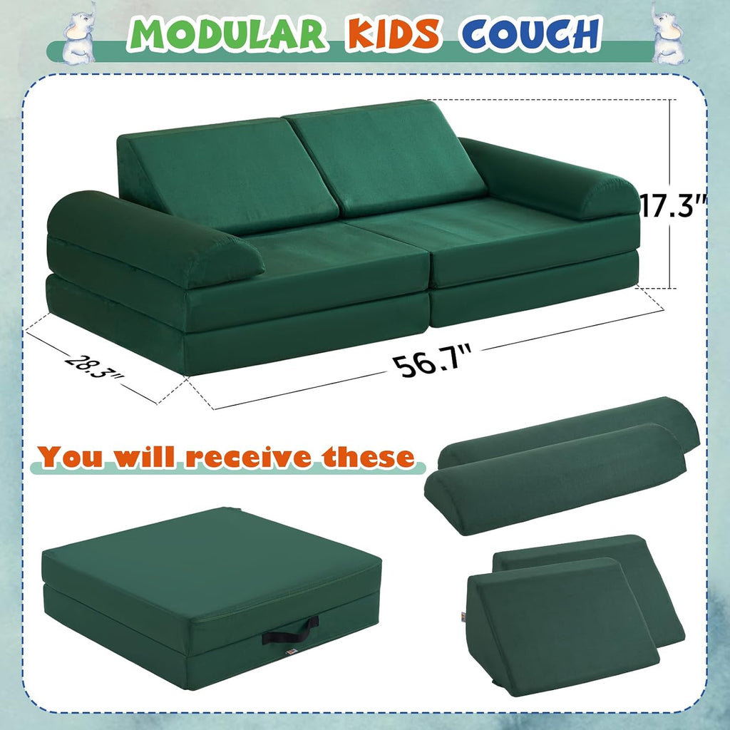jela Kids Couch Safety Certified Play Couch Soft Kids Sofa with Machine Washable Cover Thick Foam Fort Building Set for Playroom Indoor (57'x28'x18', Pine Green)