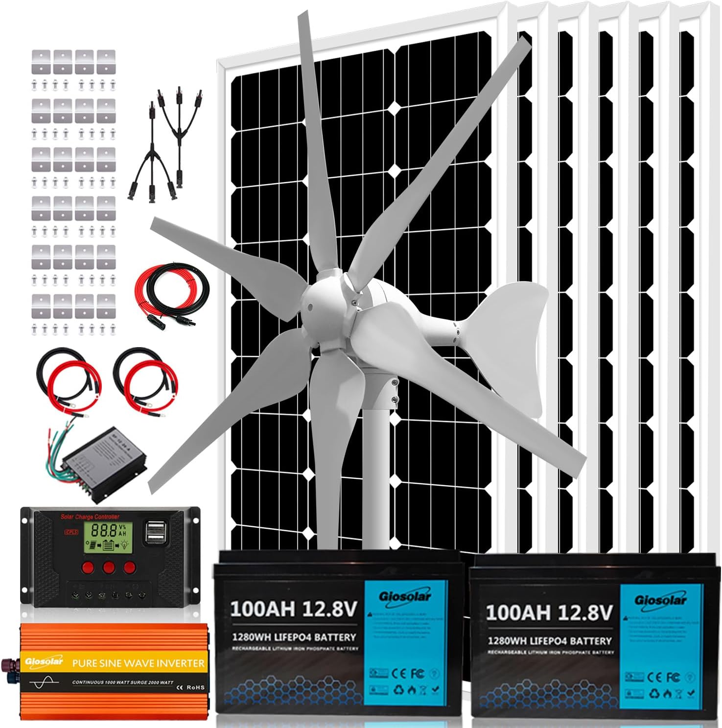 1000W 24V Wind Solar Complete Charging Kit : 6 * 100W Glass Solar Panels + 400W Wind Turbine Generator + Solar/Wind Charge Controller +1KW Inverter +2X 100AH LiFePO4 Lithium Battery +Accessories
