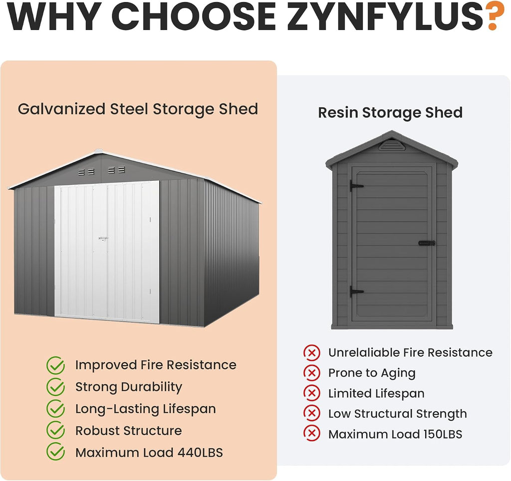 10x12 FT Outdoor Storage Shed, Tool Shed Outdoor Storage Large Updated Frame Structure with Double Lockable Doors, Steel Anti-Corrosion Sheds for Backyard, Pool, Patio, Light Gray+White