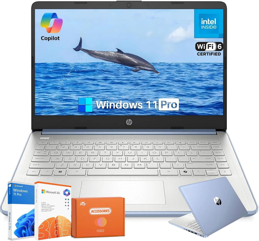 HP 2025 Laptop for Student Business, 14' Anti-Glare, Intel N150 CPU, 16GB RAM, 384GB Storage(128GB UFS+256GB MSD), WiFi 6, Copilot AI & 1 Year Office 365, Sky Blue, Windows 11 Pro, W/Accessories