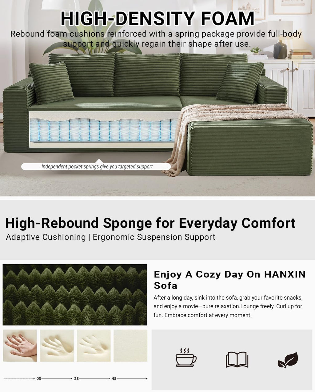 105 Inch Cloud Sectional Couch,Modern Modular Sectional Sofa with Deep Seat,Corduroy Boneless Couches with L-Shape Chaise for Living Room Bedroom,No Assembly Required (Green, Right Facing Chaise)