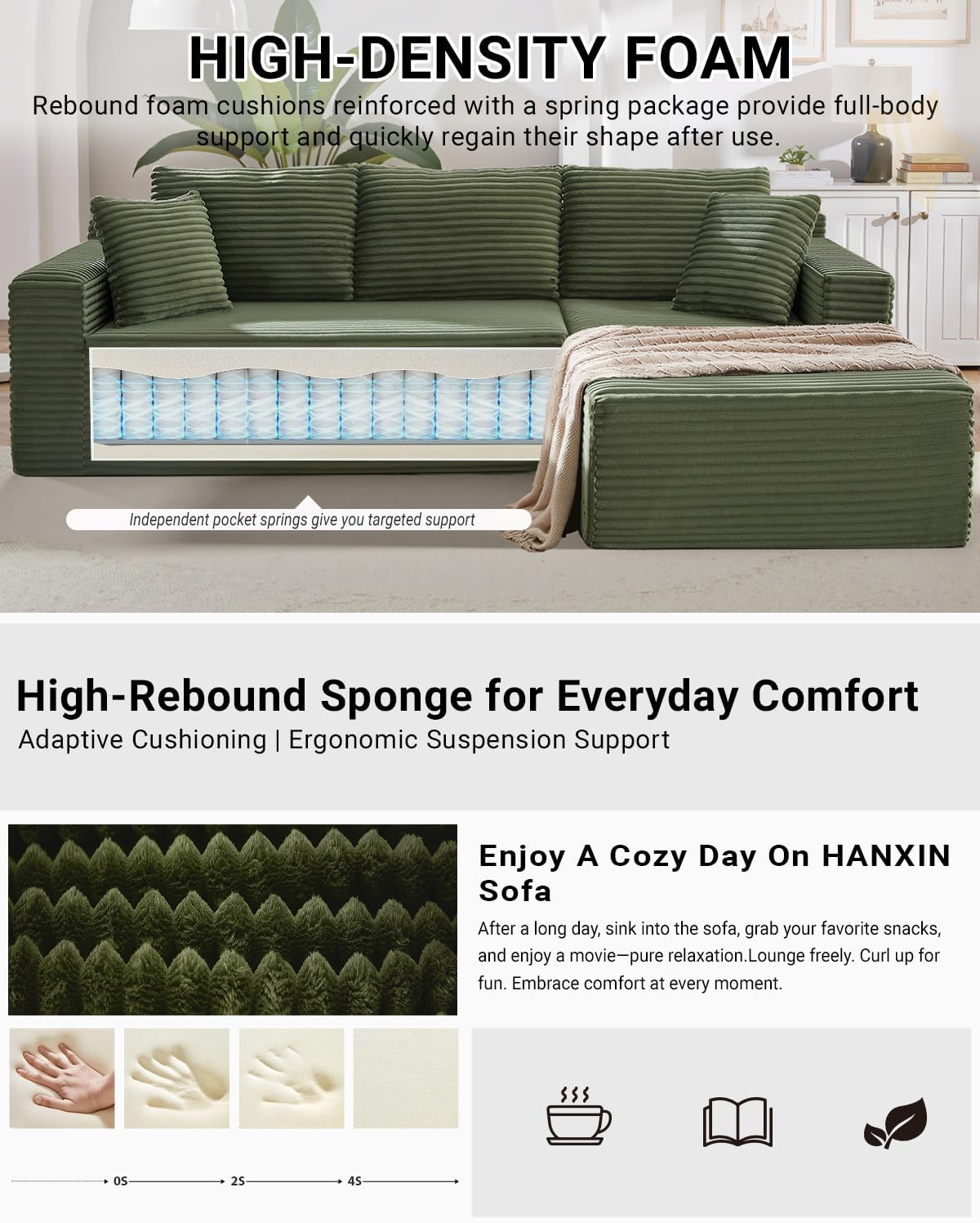 105 Inch Cloud Sectional Couch,Modern Modular Sectional Sofa with Deep Seat,Corduroy Boneless Couches with L-Shape Chaise for Living Room Bedroom,No Assembly Required (Green, Right Facing Chaise)