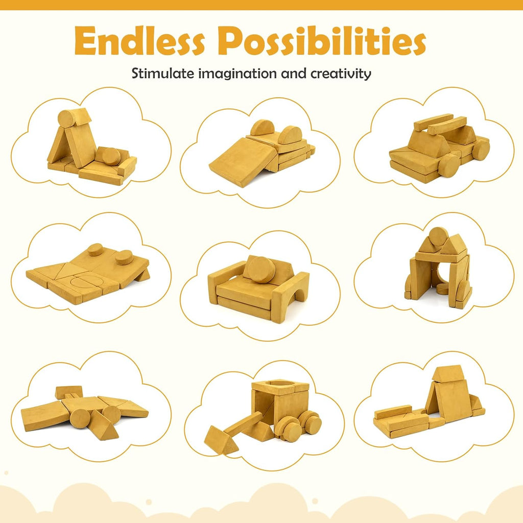 Costzon 14 PCS Modular Kids Play Couch, Child Sectional Sofa, Versatile Toddler Soft Building Blocks Sofa Playset for Playroom Bedroom, Convertible Foam and Floor Cushion for Boys Girls Gifts (Yellow)