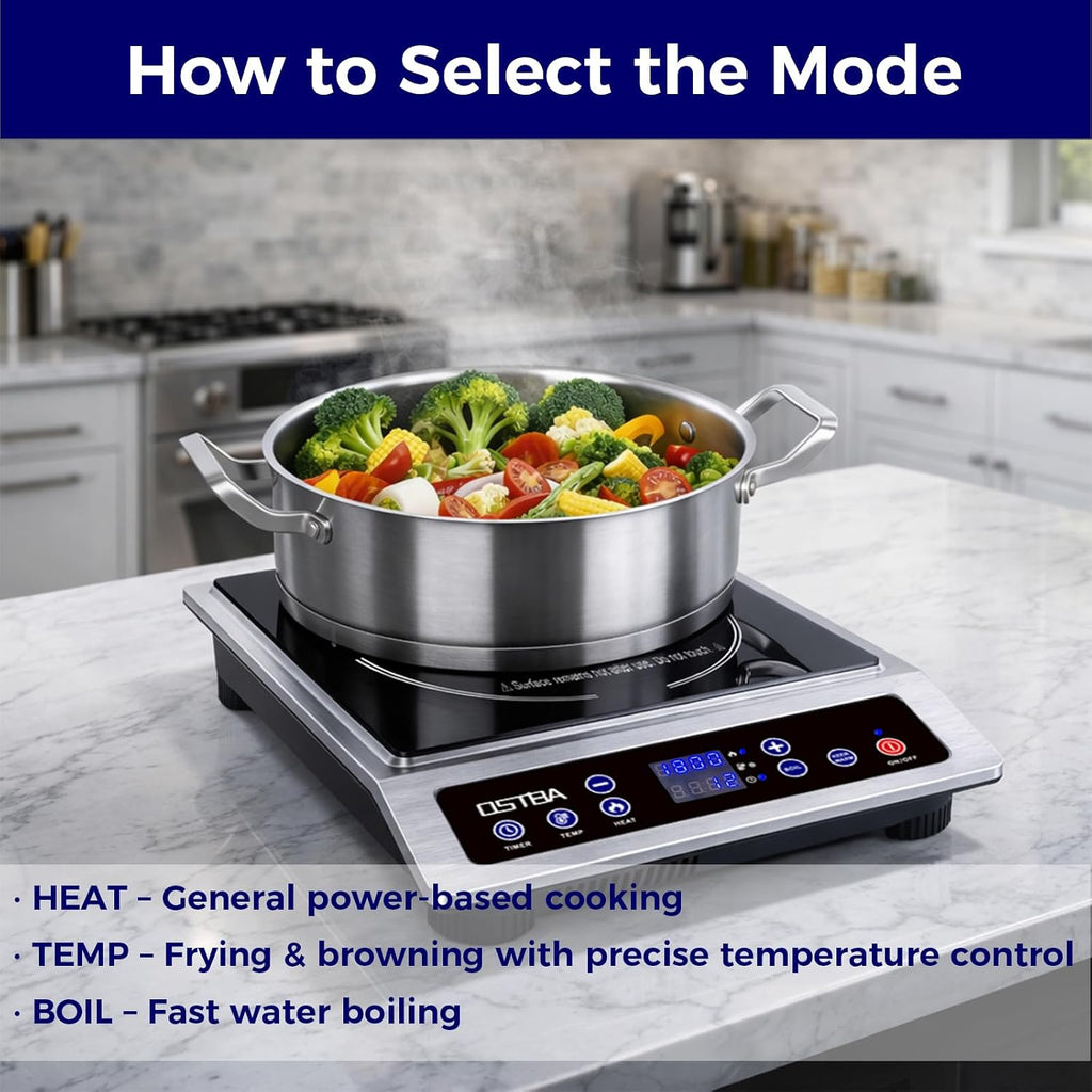 OSTBA 1800W Commercial Induction Cooktop, 7' Heating Coil Countertop Induction Burner, 10 Power Levels & 120–460°F Temperature Control, 3H Timer, Keep Warm, ETL Certified