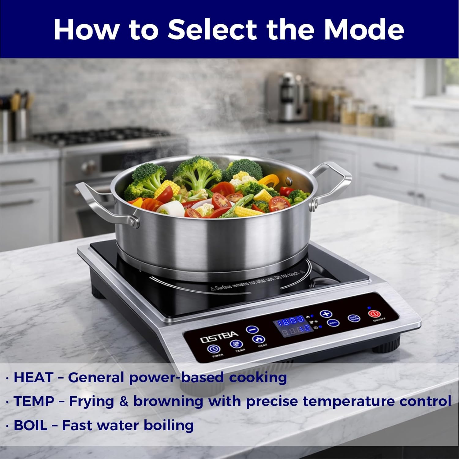 OSTBA 1800W Commercial Induction Cooktop, 7' Heating Coil Countertop Induction Burner, 10 Power Levels & 120–460°F Temperature Control, 3H Timer, Keep Warm, ETL Certified