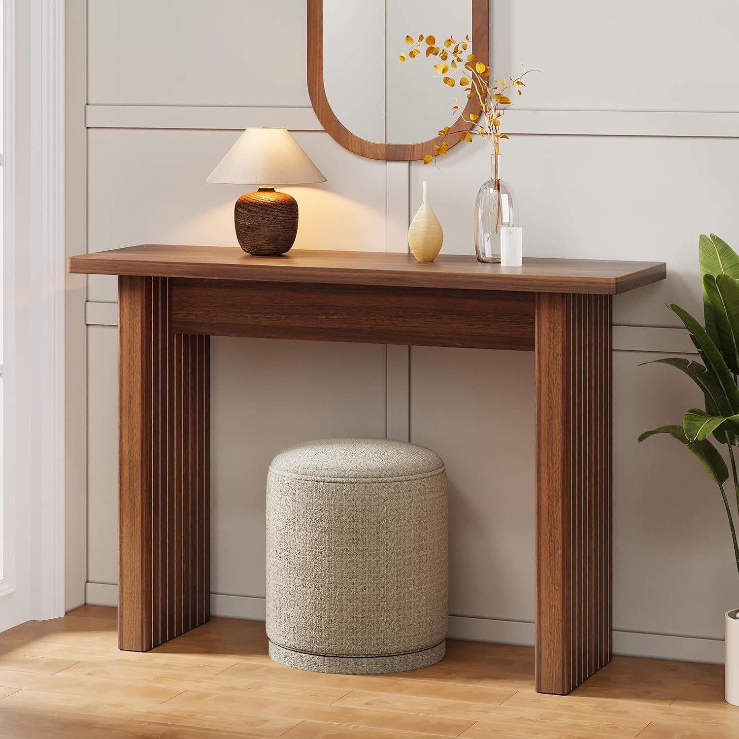 AVZEAR Mid Century Narrow Entryway Console Table, 43.3' Fluted Wood Couch Table Behind Sofa Long and Skinny for Living Room Hallway Entrance Foyer, Walnut