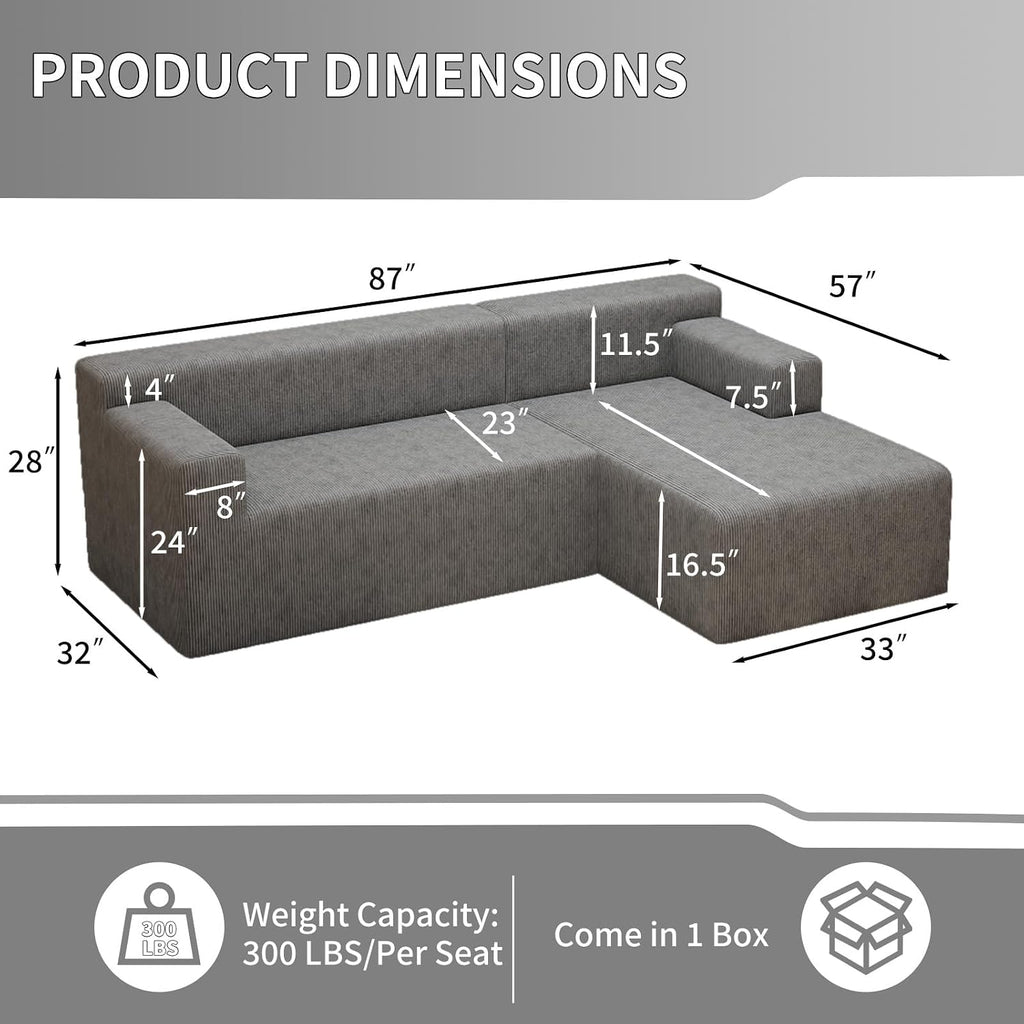 87' Modular Sectional Sofa, Cloud Sectional Couch with Deep Seat, Modern Modular L-Shape Sofa with Chaise, Cozy Boneless Couches for Living Room, Small Spaces, No Assembly Required