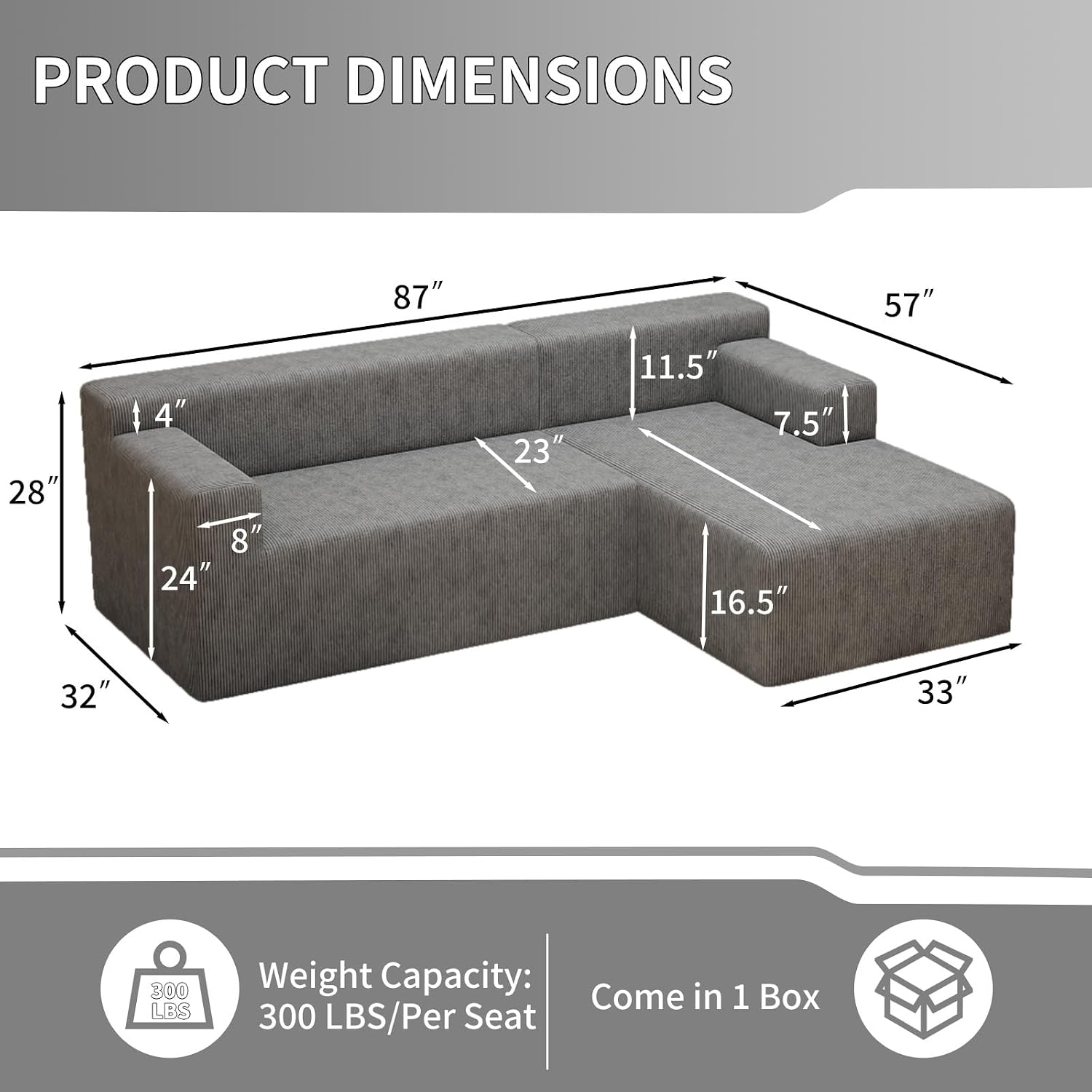 87' Modular Sectional Sofa, Cloud Sectional Couch with Deep Seat, Modern Modular L-Shape Sofa with Chaise, Cozy Boneless Couches for Living Room, Small Spaces, No Assembly Required