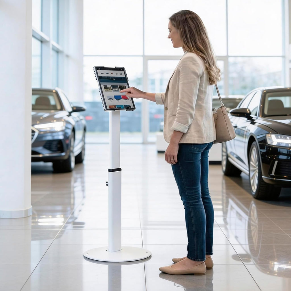Mount-It! Anti-Theft Universal Tablet Floor Stand Kiosk, Locking Enclosure for iPad, Galaxy Tab & Surface Pro 9.7'–13.1', Height Adjustable 27.5'–47', Commercial Kiosk Stand, White