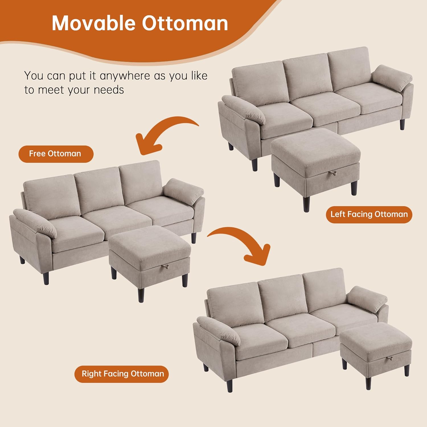 Convertible Sectional Sofa Couch with Ottoman, 79' Modern L Shaped 3 Seat Sofa, Linen Fabric Small Sectional Couch with Movable Storage Ottoman for Small Spaces Living Room (Beige)