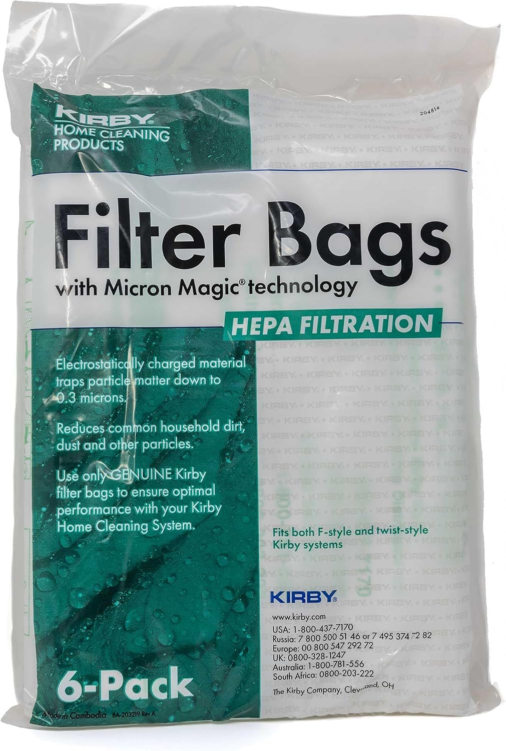 Kirby MicronMagic Plus HEPA Filter Bags 6-Pack | Part #204814 | Compatible with F-Style & Twist-Style Vacuums (54 Filer Bags/Case)