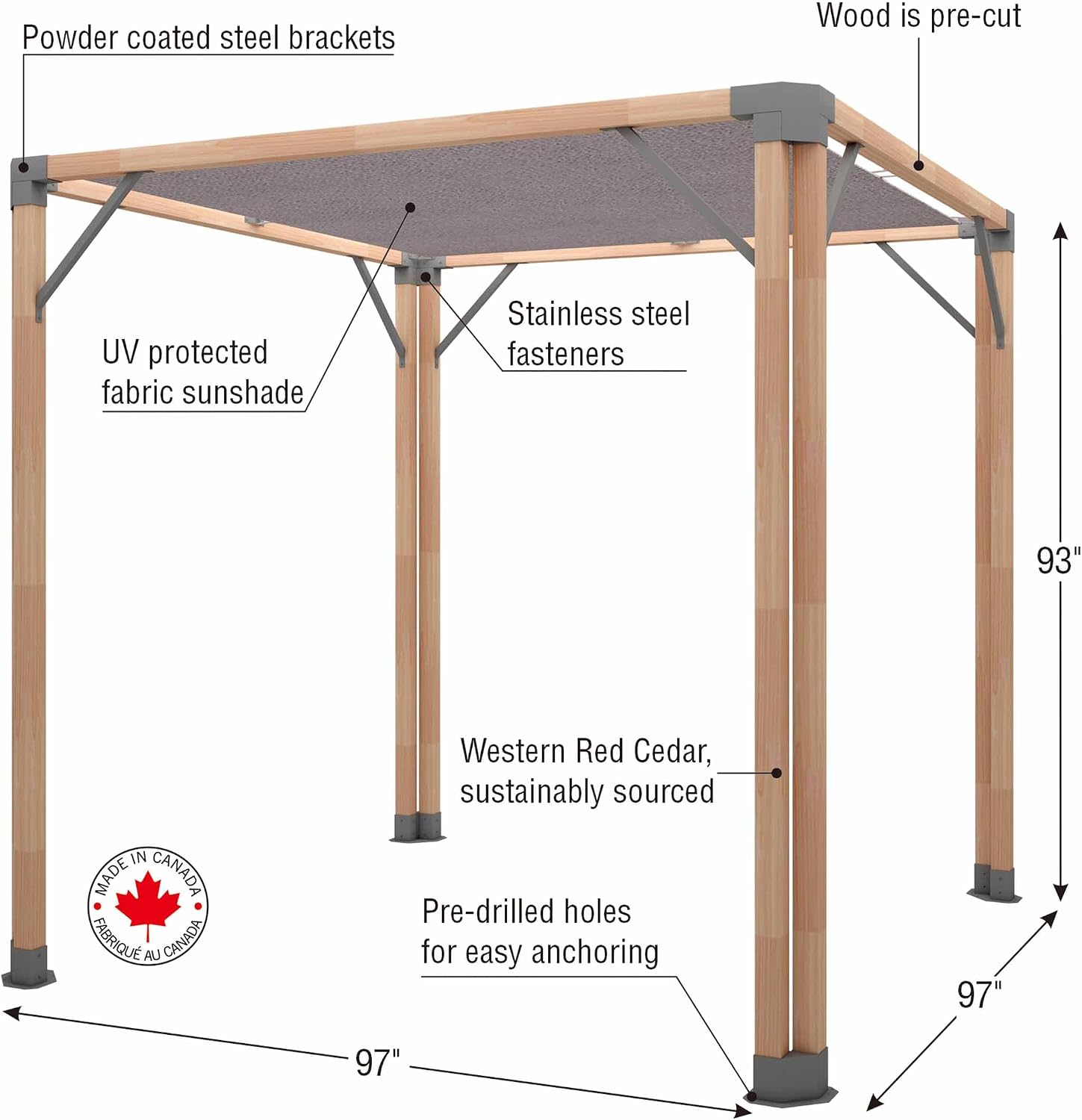 Bali 8 x 8' Cedar Pergola - Easy to Assemble. Western Red Cedar, Sunshade Canopy, Sustainably Sourced, Made in Canada. Perfect for Patio, Deck or Backyard.