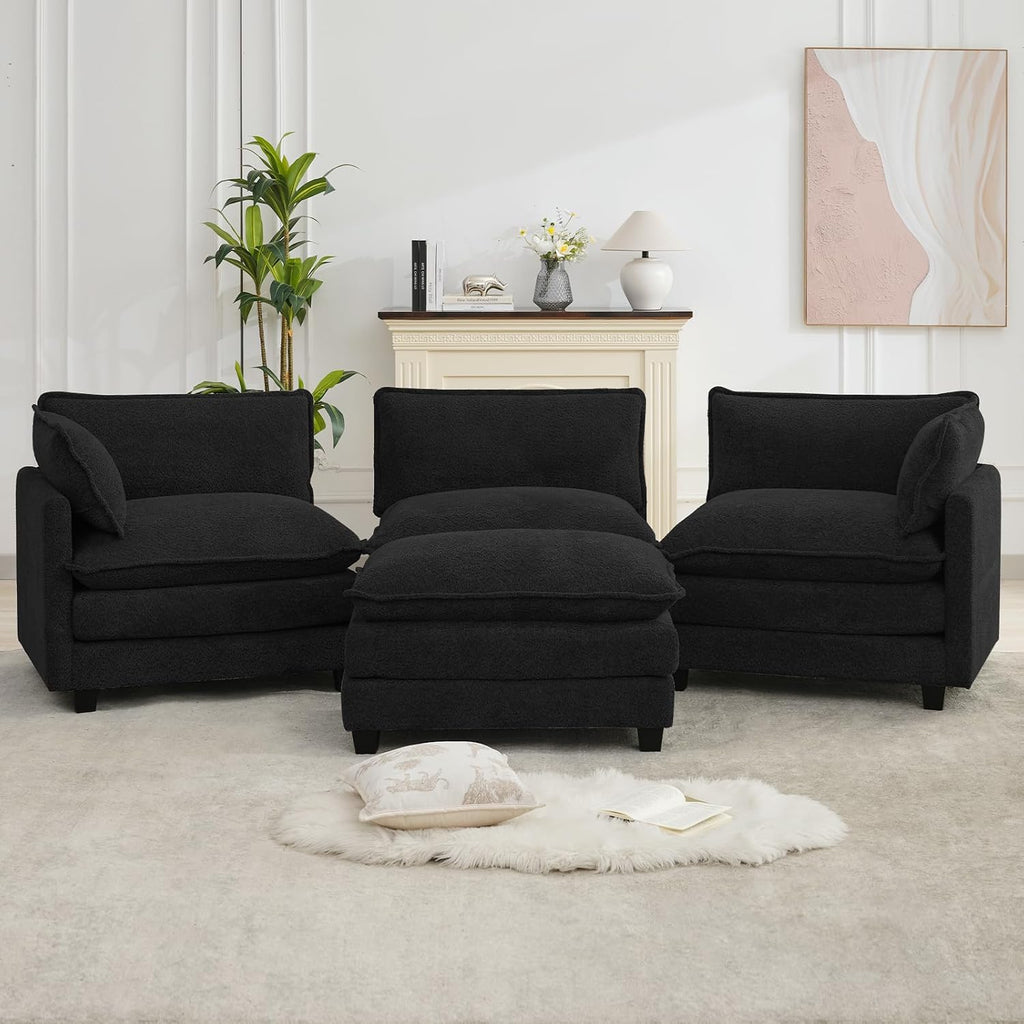 ROWHY Oversized Modular Sectional Couch with Movable Ottoman, 112' Modern Convertible L Shaped Sofa Set, 4 Seat Comfy Cloud Couch with 2 Throw Pillows, for Living Room and Office, Chenille, Black