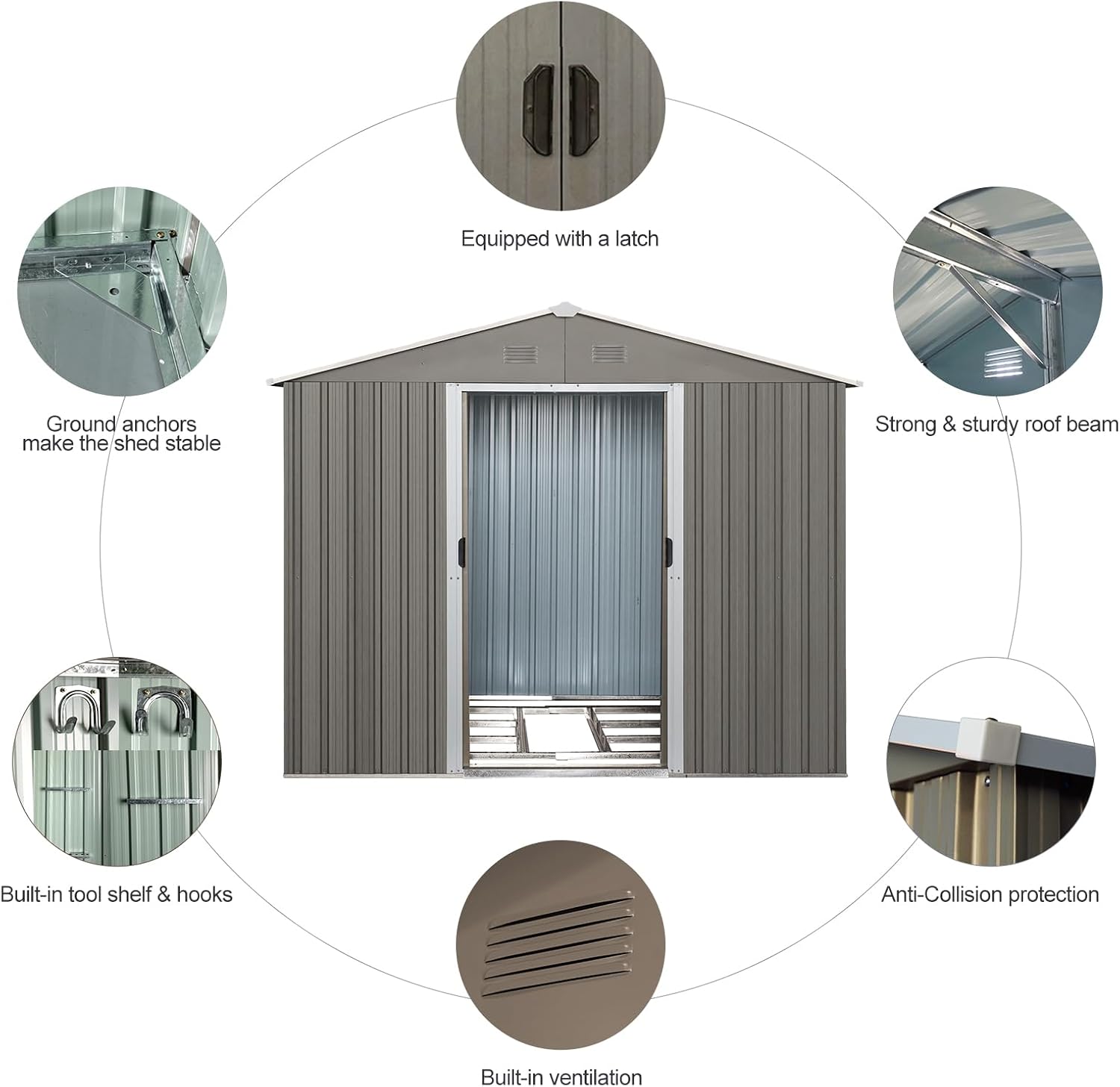 7.5ftx10ft Outdoor Storage Shed with Floor Frame, Metal Garden Shed with Sliding Doors, Waterproof Galvanized Steel Storage House for Backyard Garden, Patio (7.5 x 10 FT, Gray)