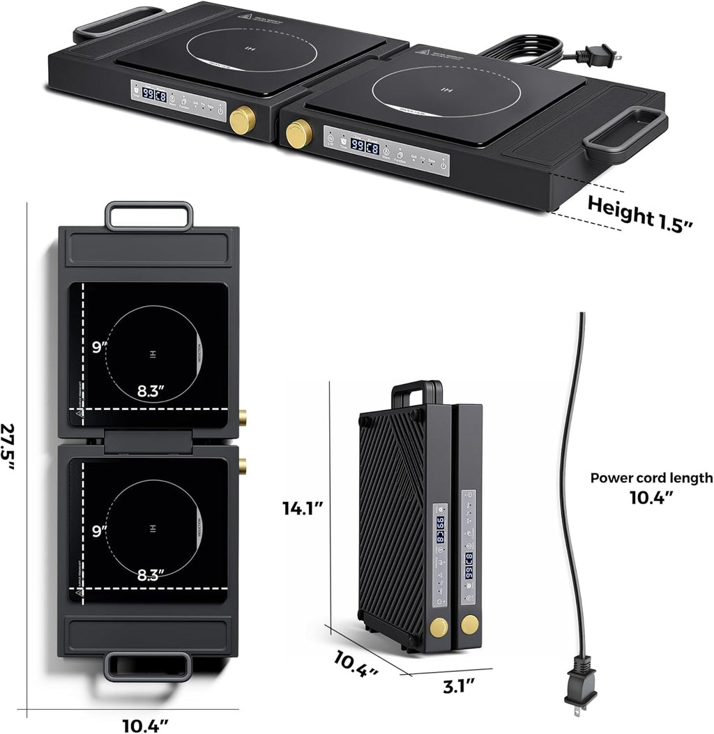Double Induction Cooktop, 1800W Portable Dual Burner with 8 Power Levels, Sensor Touch Control & 99-Min Timer, Fold-n-Store Design for RV, Small Kitchen & Outdoor Cooking (black)