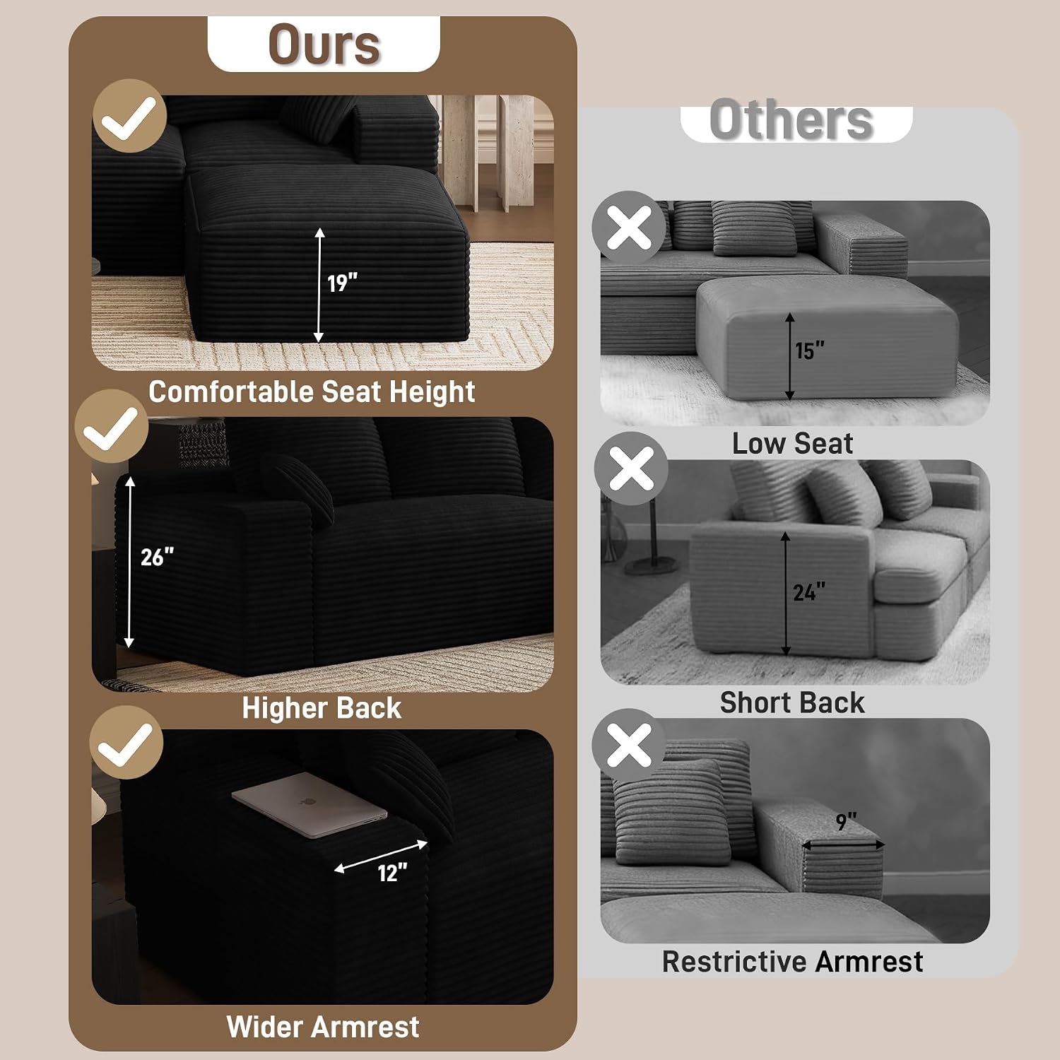 108' Oversized L-Shaped Sectional Couches for Living Room, Comfy Fluffy Corduroy Black Boneless Cloud Couch with Ottoman, Plush Memory Foam Modular Sectional Sofa for Small Spaces