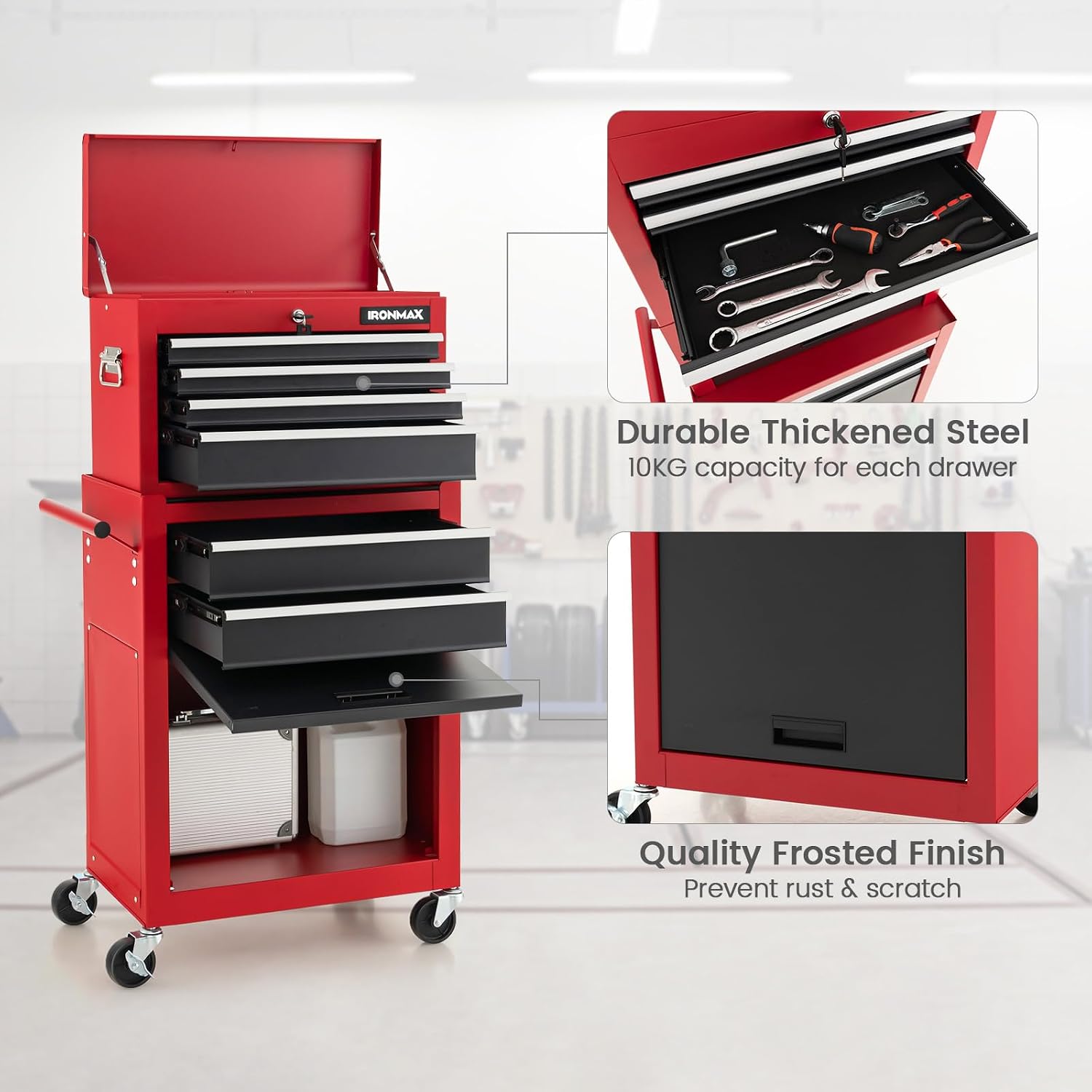 ERGOMASTER Rolling Tool Chest Cabinet Big Capacity Storage with Wheels and Lock Key, Portable Tool-Box Organizer with Sliding Drawers - 6 Drawers & BlackRed