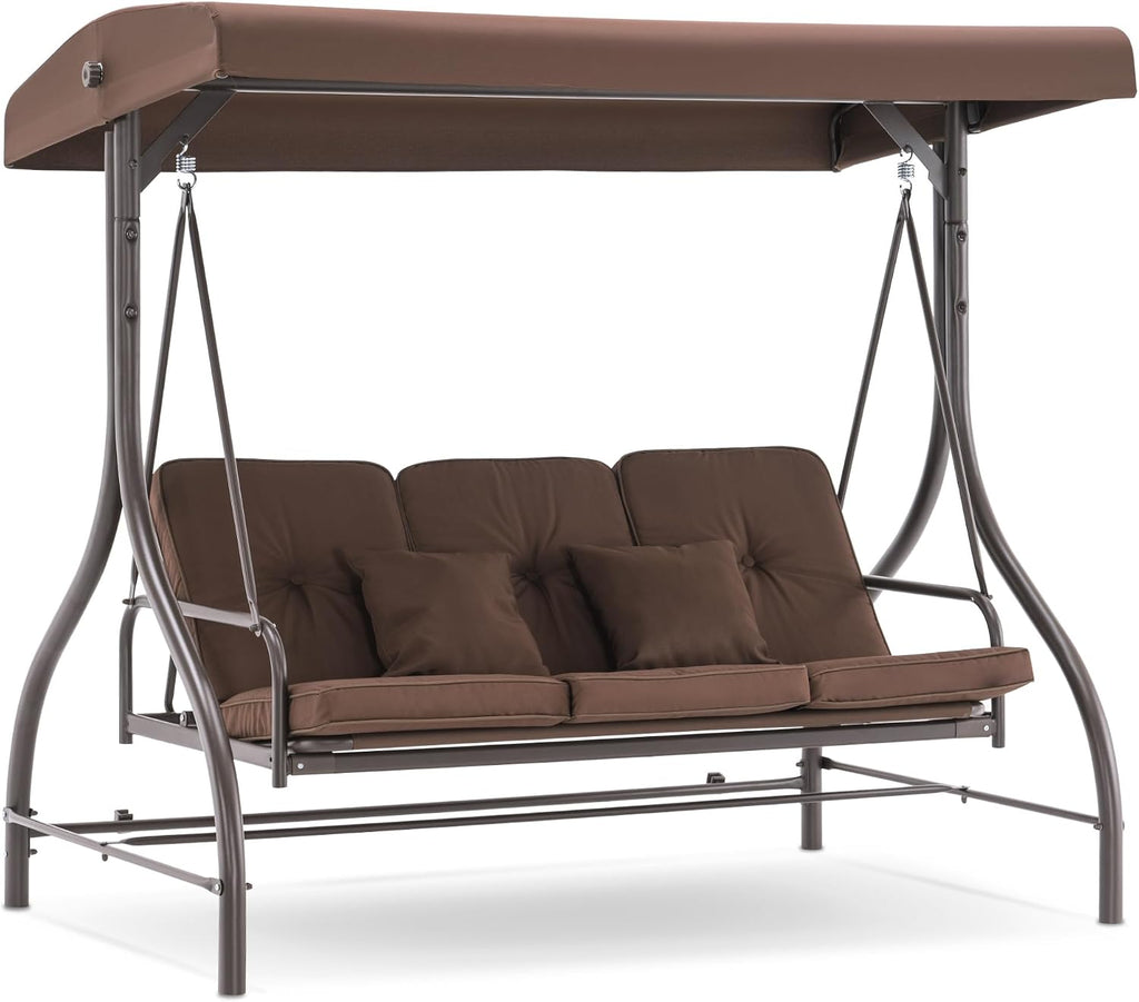 MCombo 3-Seat Outdoor Patio Swing Chair, 2-in-1 Convertible Porch Swing Glider Chair with Removable Cushions, Adjustable Canopy & Pillows for Backyard, Deck, Garden, 4068 (Brown)