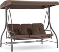 MCombo 3-Seat Outdoor Patio Swing Chair, 2-in-1 Convertible Porch Swing Glider Chair with Removable Cushions, Adjustable Canopy & Pillows for Backyard, Deck, Garden, 4068 (Brown)