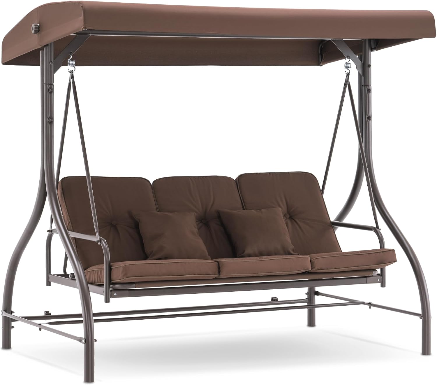 MCombo 3-Seat Outdoor Patio Swing Chair, 2-in-1 Convertible Porch Swing Glider Chair with Removable Cushions, Adjustable Canopy & Pillows for Backyard, Deck, Garden, 4068 (Brown)