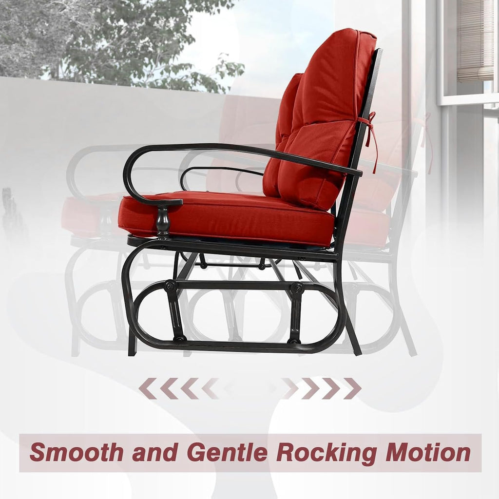 Outdoor Glider Rocking Bench 2 Person Patio Loveseat Steel Frame Furniture Set with Removable Cushion for Patio, Garden, Yard, Porch (Red)