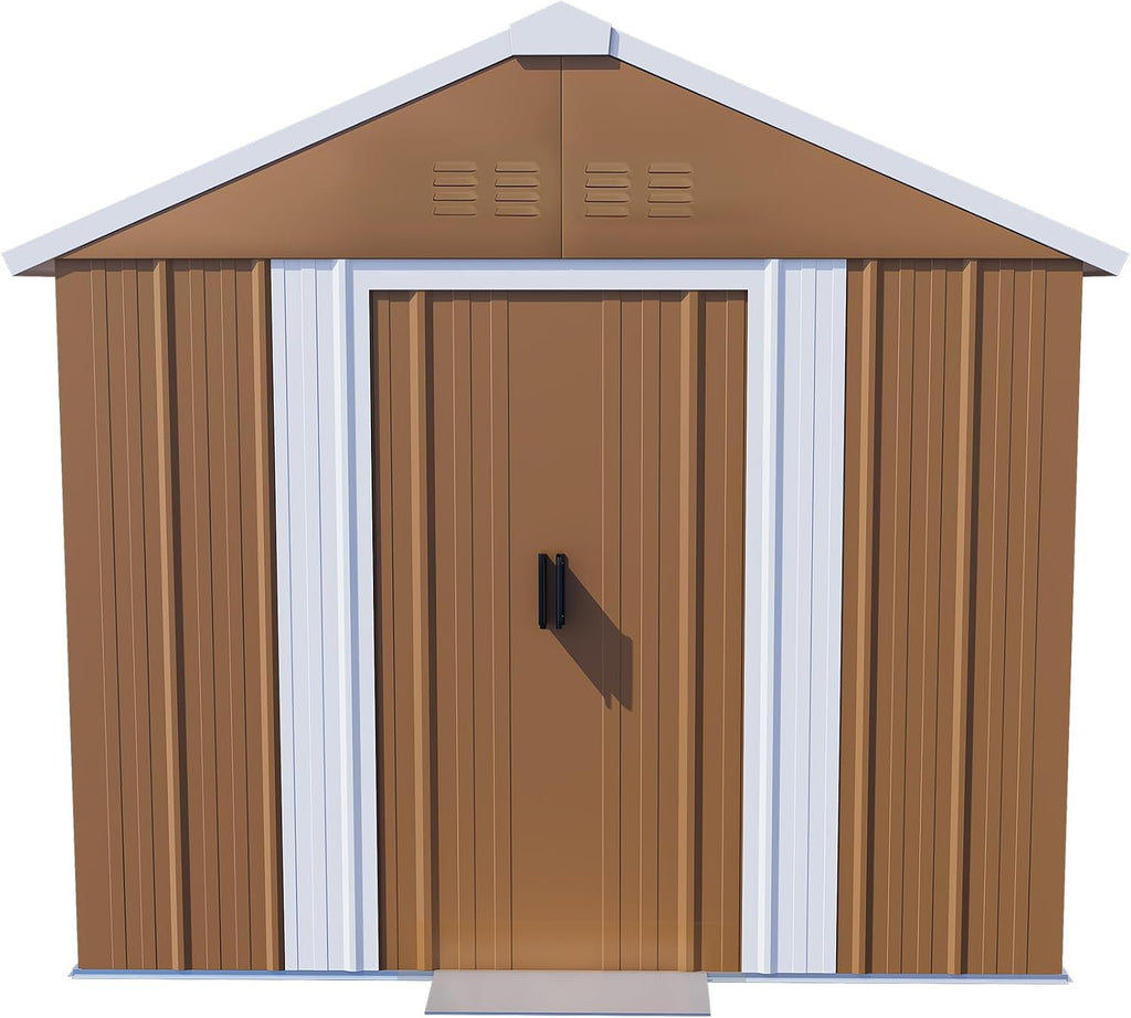 6x4 FT Outdoor Steel Storage Shed with Clear Windows, Sliding Lockable Door & Ventilation, Brown and White Weather-Resistant Metal Tool Shed for Garden, Backyard, Lawn, and Utility Storage
