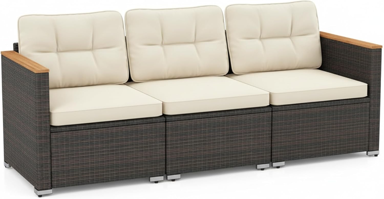 Tangkula 3-Seat Patio Wicker Couch Sofa, Outdoor 3 Seater Rattan Furniture Set with Acacia Wood Armrests & Thick Cushion, Outside Sectional Sofa Couch for Porch, Deck, Garden and Backyard, Off White