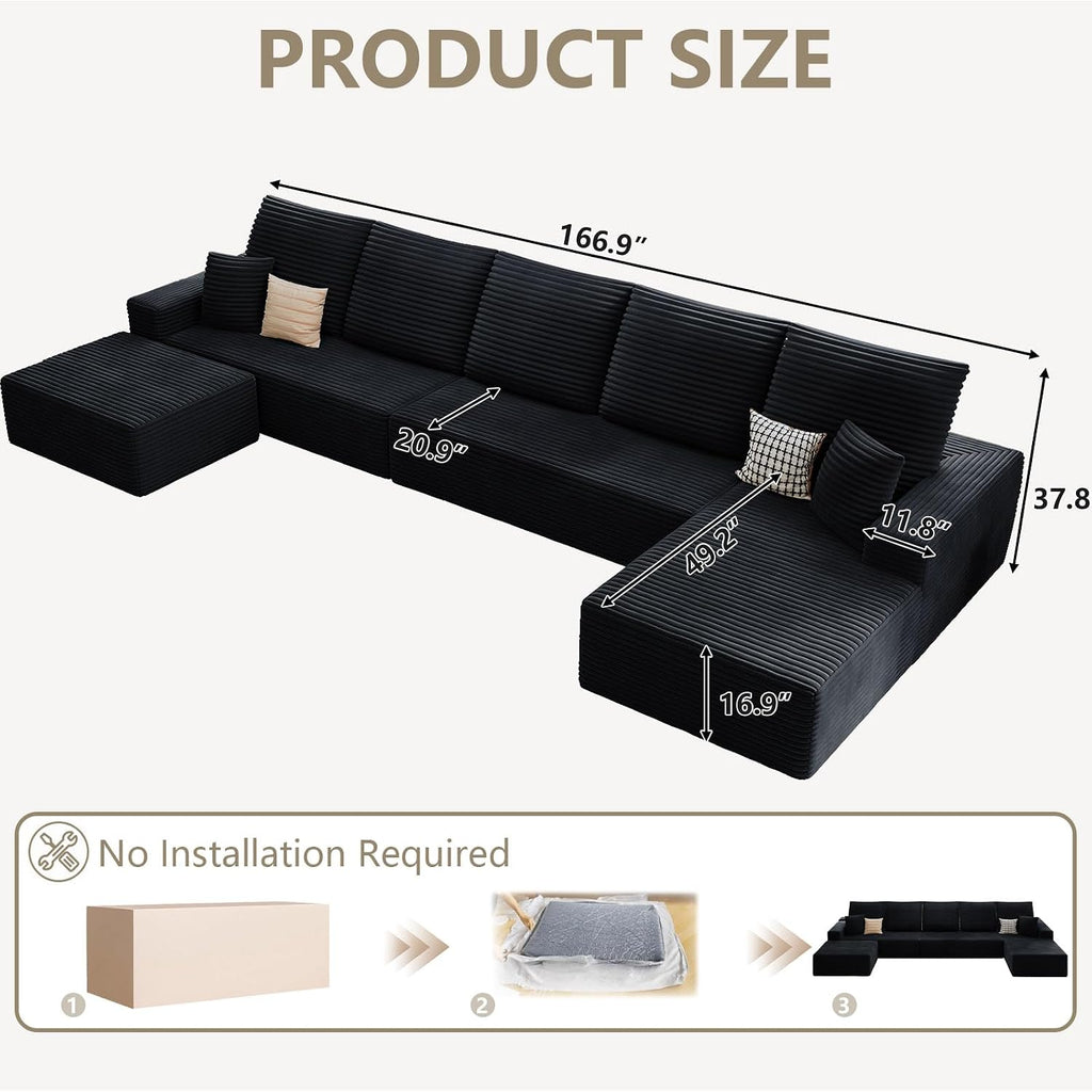 166.9' Cloud Sectional Couch with U-Shaped Chaise, Corduroy Sectional Sofa with Ottoman, Boneless Couch with Deep Seat in a Box for Living Room, No Assembly Required (Black, Right Facing Chaise)