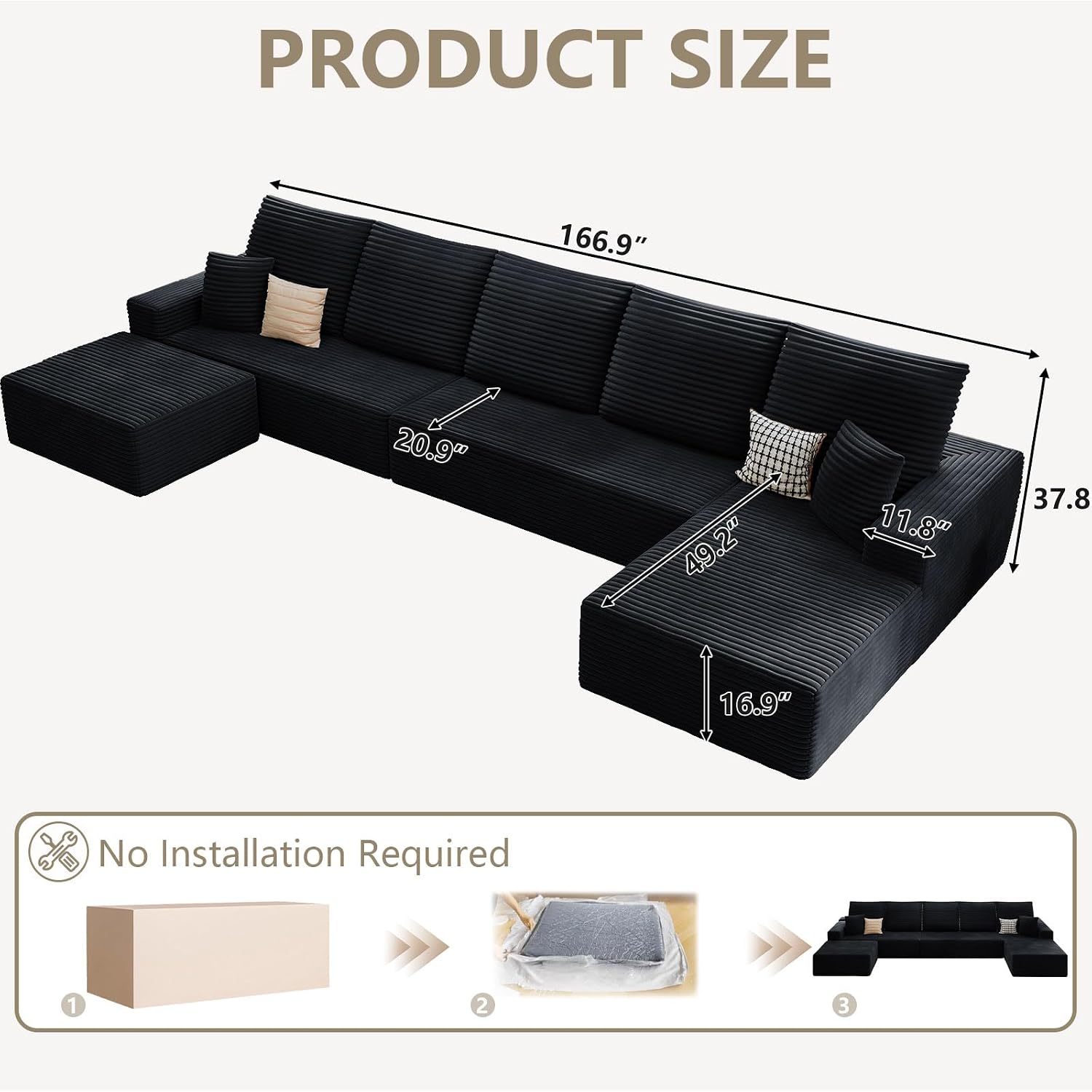 166.9' Cloud Sectional Couch with U-Shaped Chaise, Corduroy Sectional Sofa with Ottoman, Boneless Couch with Deep Seat in a Box for Living Room, No Assembly Required (Black, Right Facing Chaise)