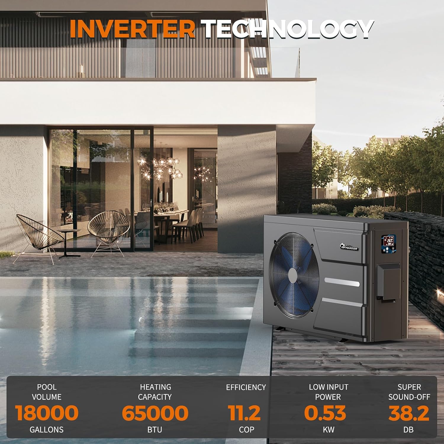 DR. Infrared Heater DR-650HP Full DC Inverter 65,000 BTU Pool Heat Pump for In-Ground and Above-Ground Swimming Pools, WiFi Smart Control via APP