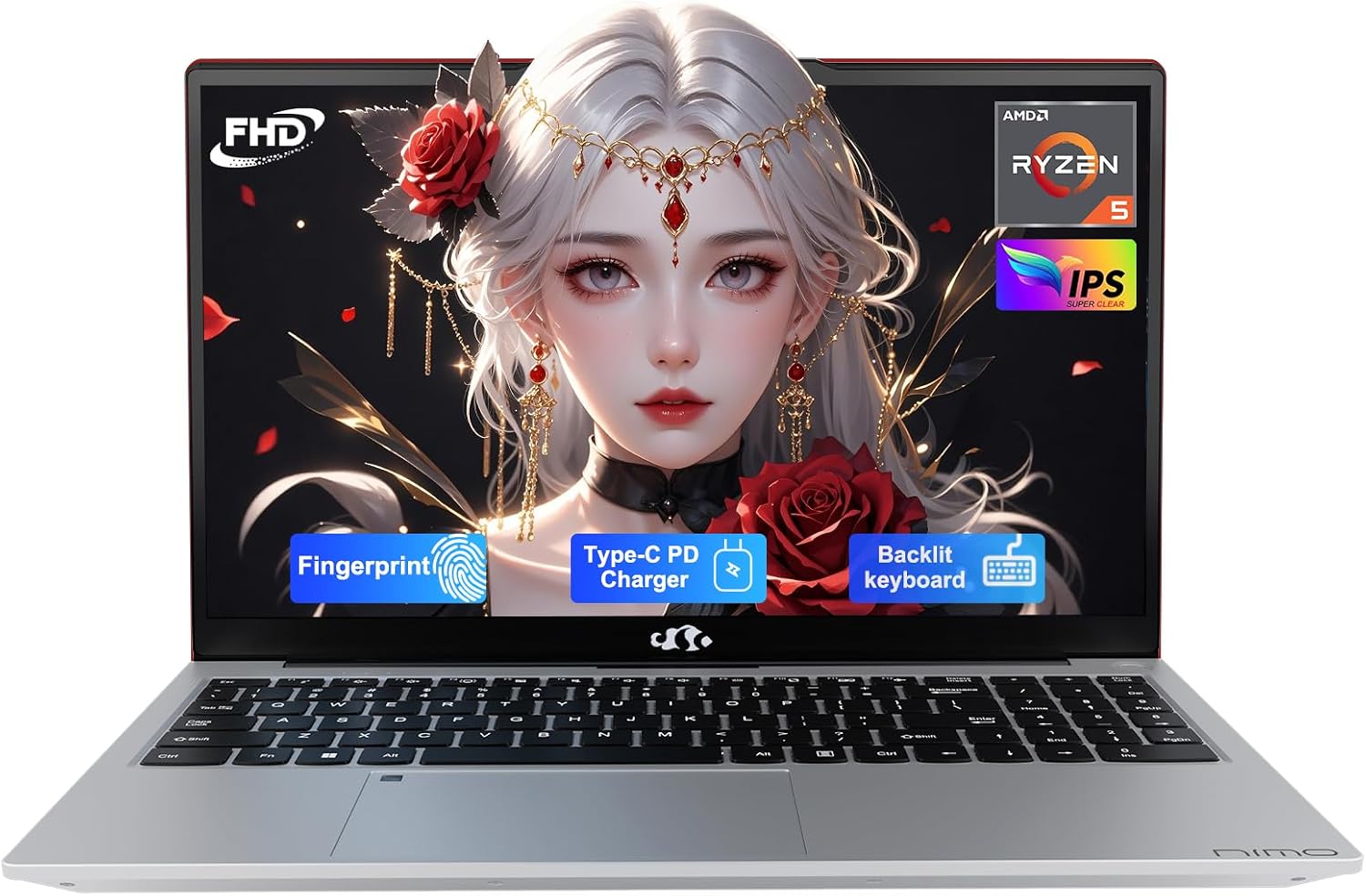NIMO 15.6'' IPS FHD-Laptop, 16GB RAM 512GB SSD AMD Ryzen 5(Beat i5-1135G7, 4 Cores Up to 3.7GHz) Student Computer with 2 Years Warranty, 65W Type-C, Fingerprint, Backlit Keyboard, 180°Viewing