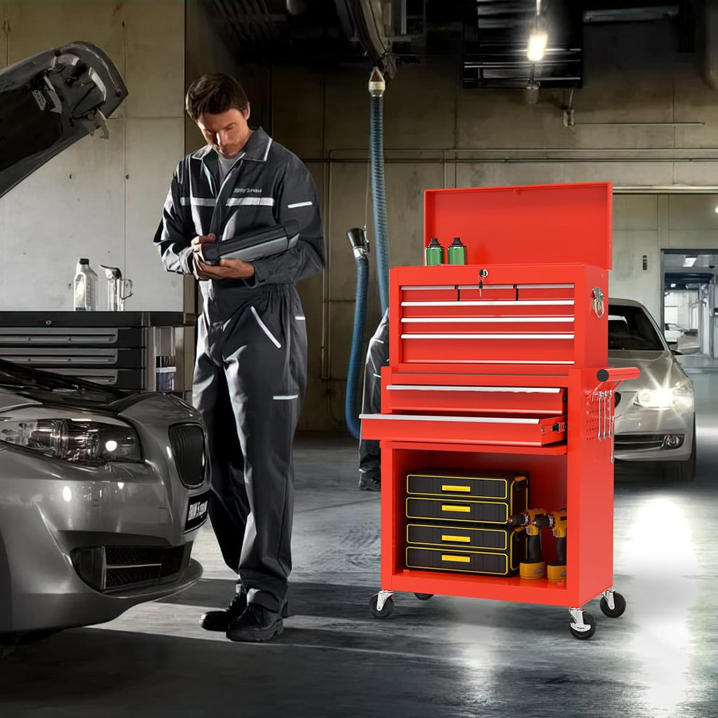On Shine 8 Drawer Rolling Tool Chest, Large Capacity Rolling Tool Box with Wheels, Locking Mechanical Tool Chest, Portable Tool Box with Sliding Drawers for Garage Workshop and Tool Room (Red)