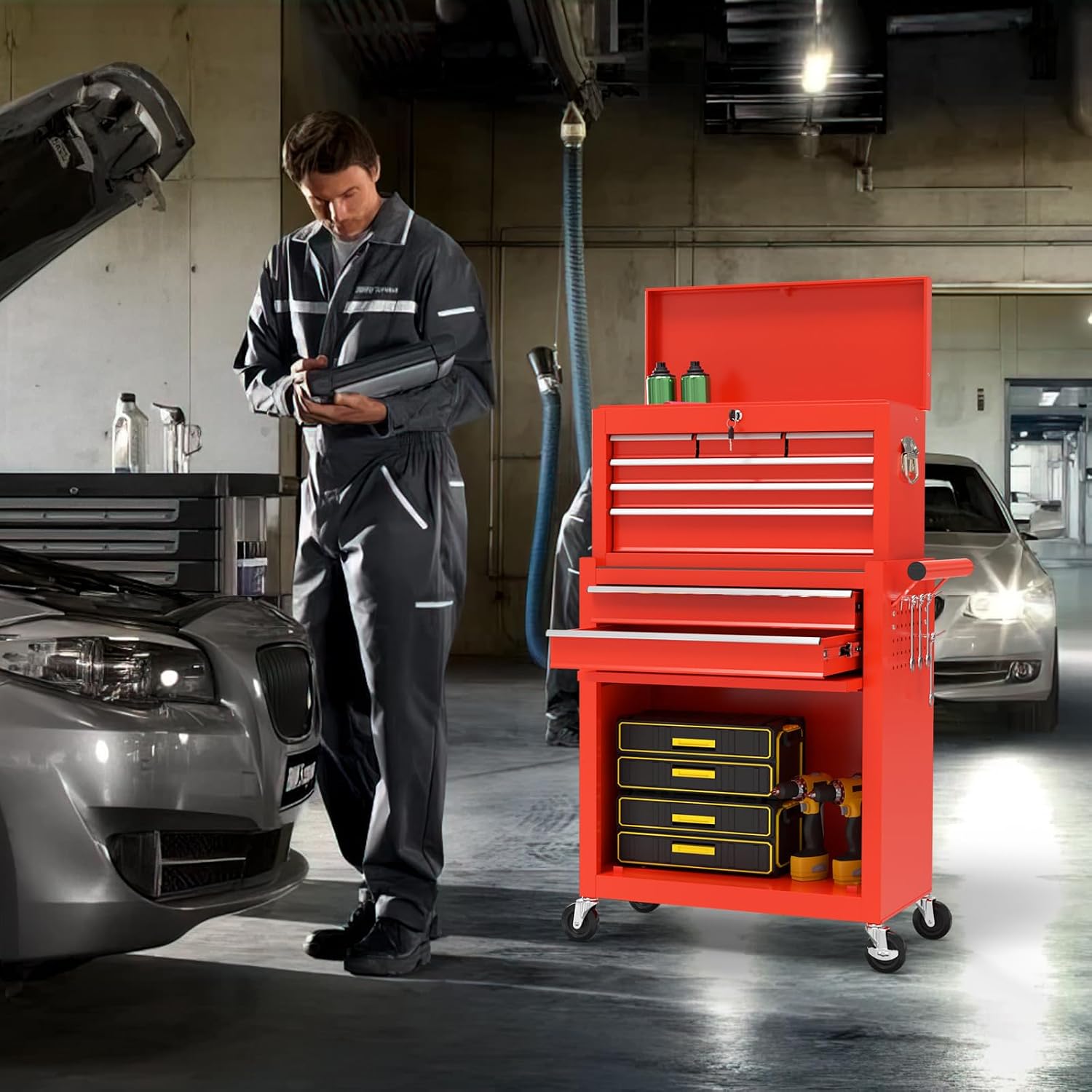 On Shine 8 Drawer Rolling Tool Chest, Large Capacity Rolling Tool Box with Wheels, Locking Mechanical Tool Chest, Portable Tool Box with Sliding Drawers for Garage Workshop and Tool Room (Red)