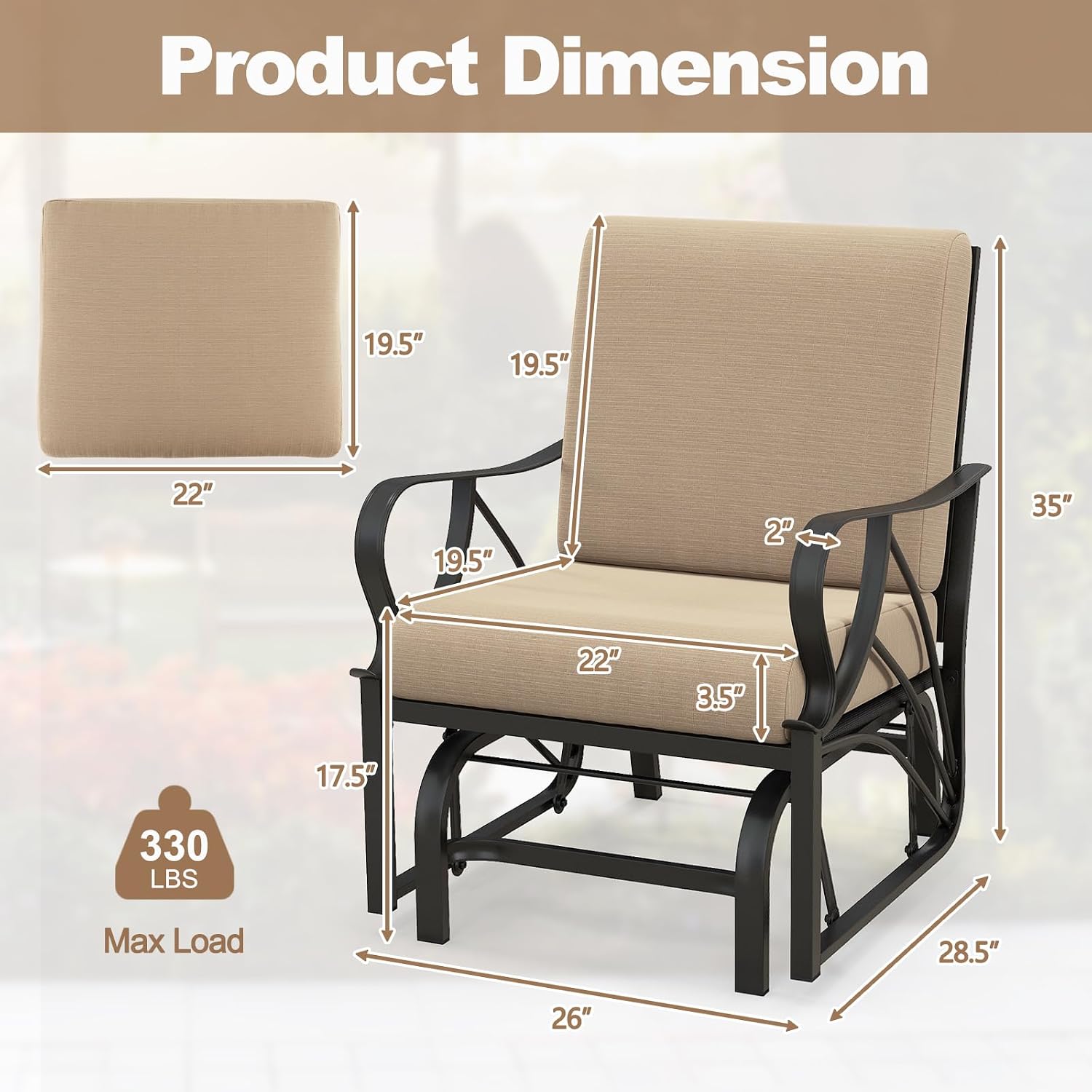 Tangkula Outdoor Patio Glider, Metal Framed Gliding Chair with Cushion, Ergonomic Single-Person Outdoor Patio Chair with Curved Armrest, Smooth Rocking Arms for Porch, Patio (1)