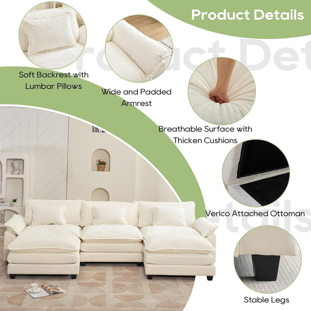 Oprisen 120' Modular Sectional Sofa, Comfy Cloud Couch Sectional Sofa with Ottoman, Chenille Sofa Sleeper Deep Seat Sofa with Throw Pillows for Living Room (Beige White, 120'- U Shape)