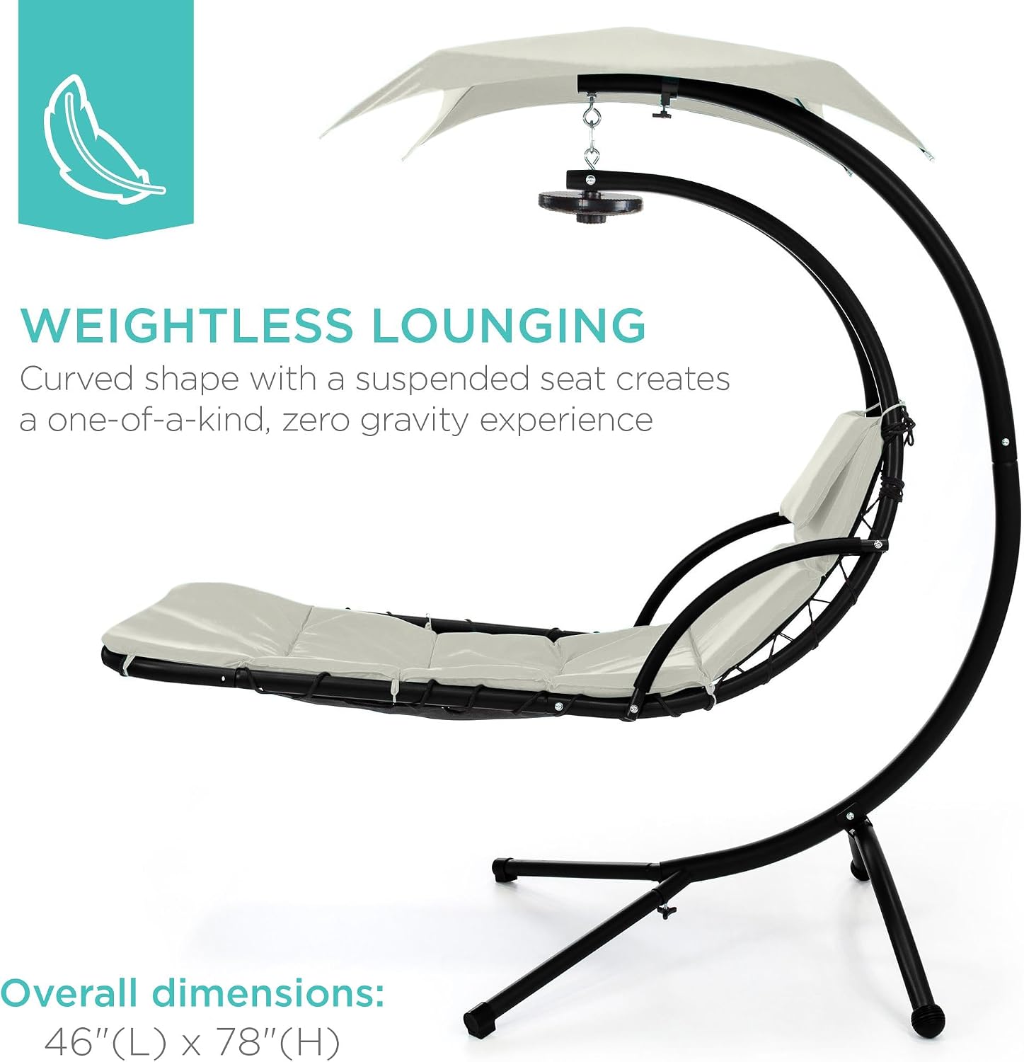 Best Choice Products Hanging LED-Lit Curved Chaise Lounge Chair Swing for Backyard, Patio, Lawn w/ 3 Light Settings, Weather-Resistant Pillow, Removable Canopy Shade, Steel Stand - Ivory