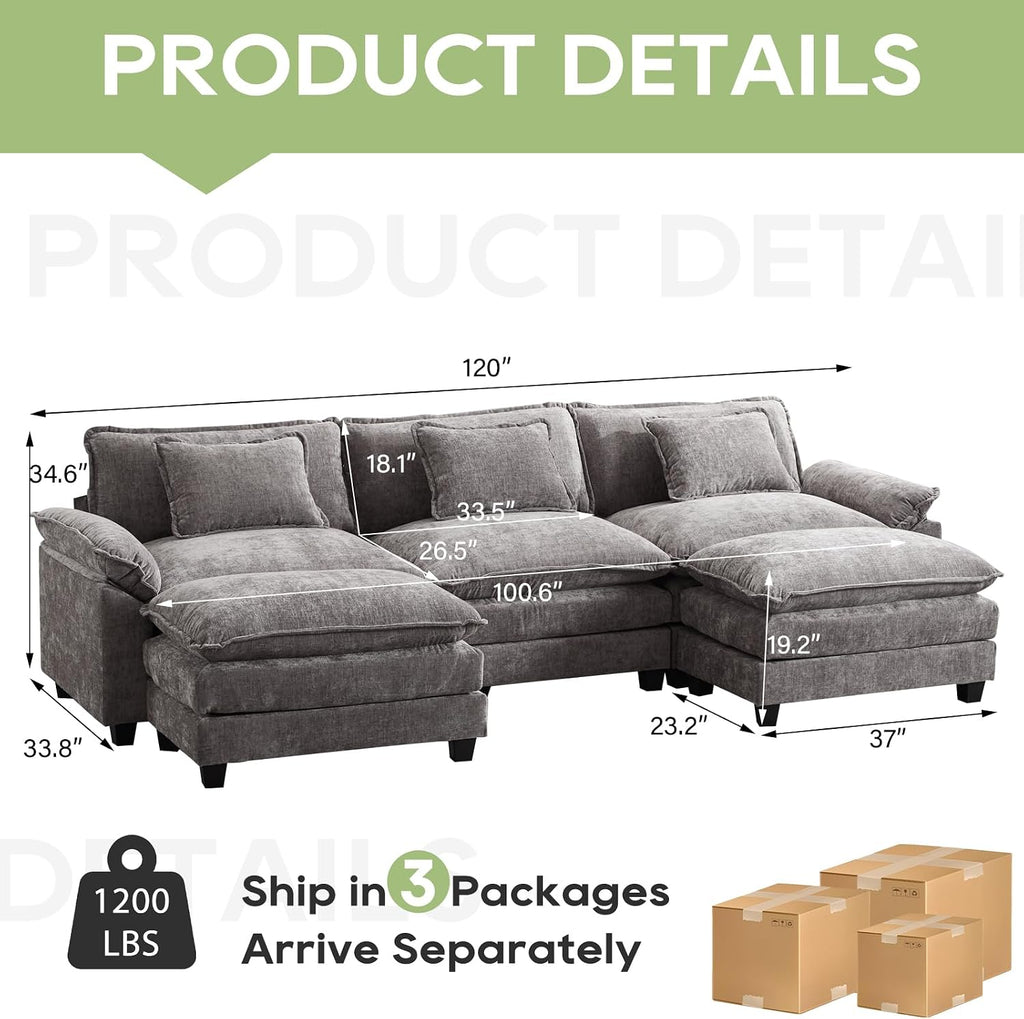 Oprisen 120' Modular Sectional Sofa, Comfy Cloud Couch Sectional Sofa with Ottoman, Chenille Sofa Sleeper Deep Seat Sofa with Throw Pillows for Living Room (Light Gray, 120'- U Shape)