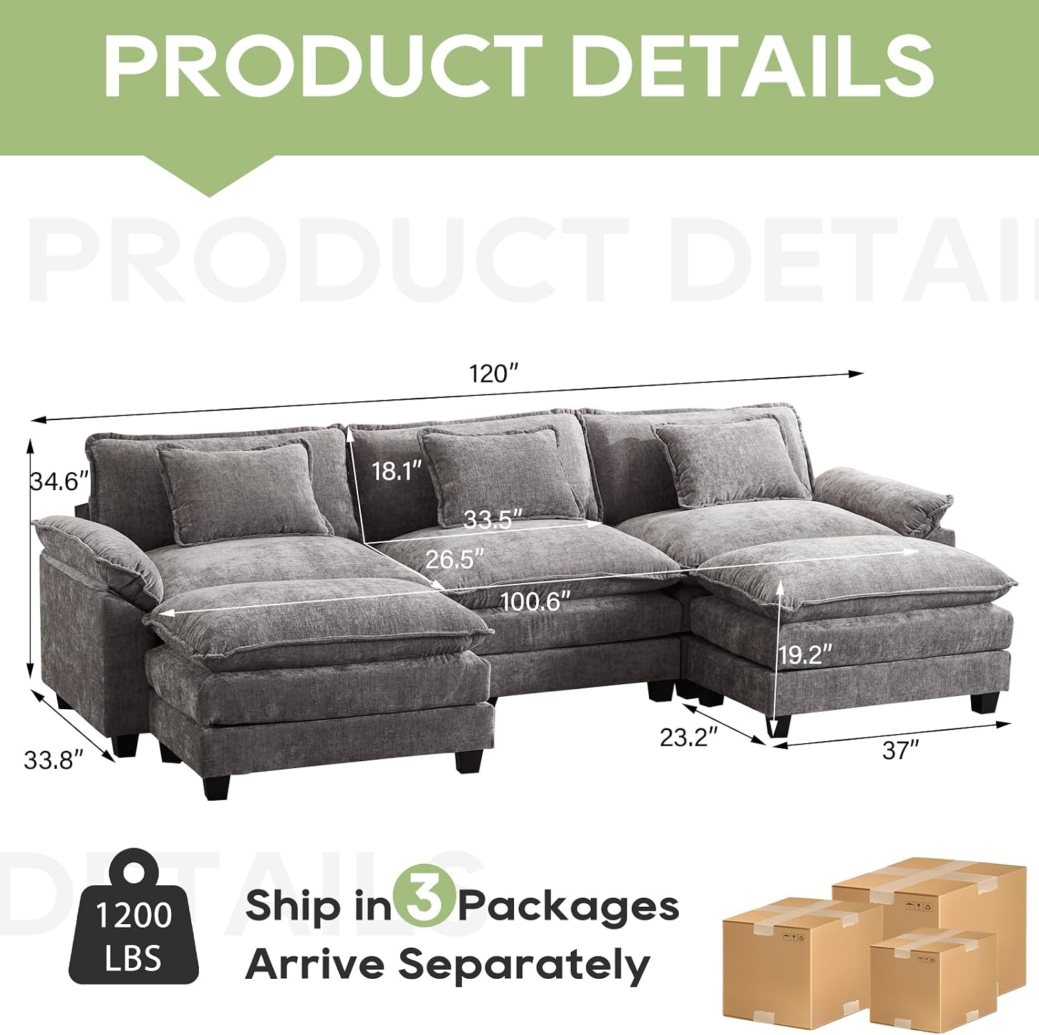 Oprisen 120' Modular Sectional Sofa, Comfy Cloud Couch Sectional Sofa with Ottoman, Chenille Sofa Sleeper Deep Seat Sofa with Throw Pillows for Living Room (Light Gray, 120'- U Shape)