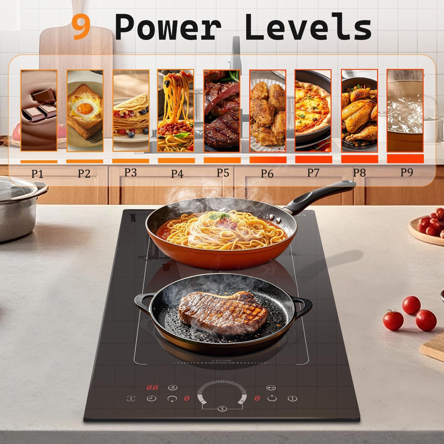 Noxton Double Induction Cooktop, 2 Burners Electric Cooktop, Upgraded Induction Stovetop with Flex Zone, Power Boost, 9 Power Levels, 3500W, Child Safety Lock, Timer, 220-240V Hard wire, 12 Inch