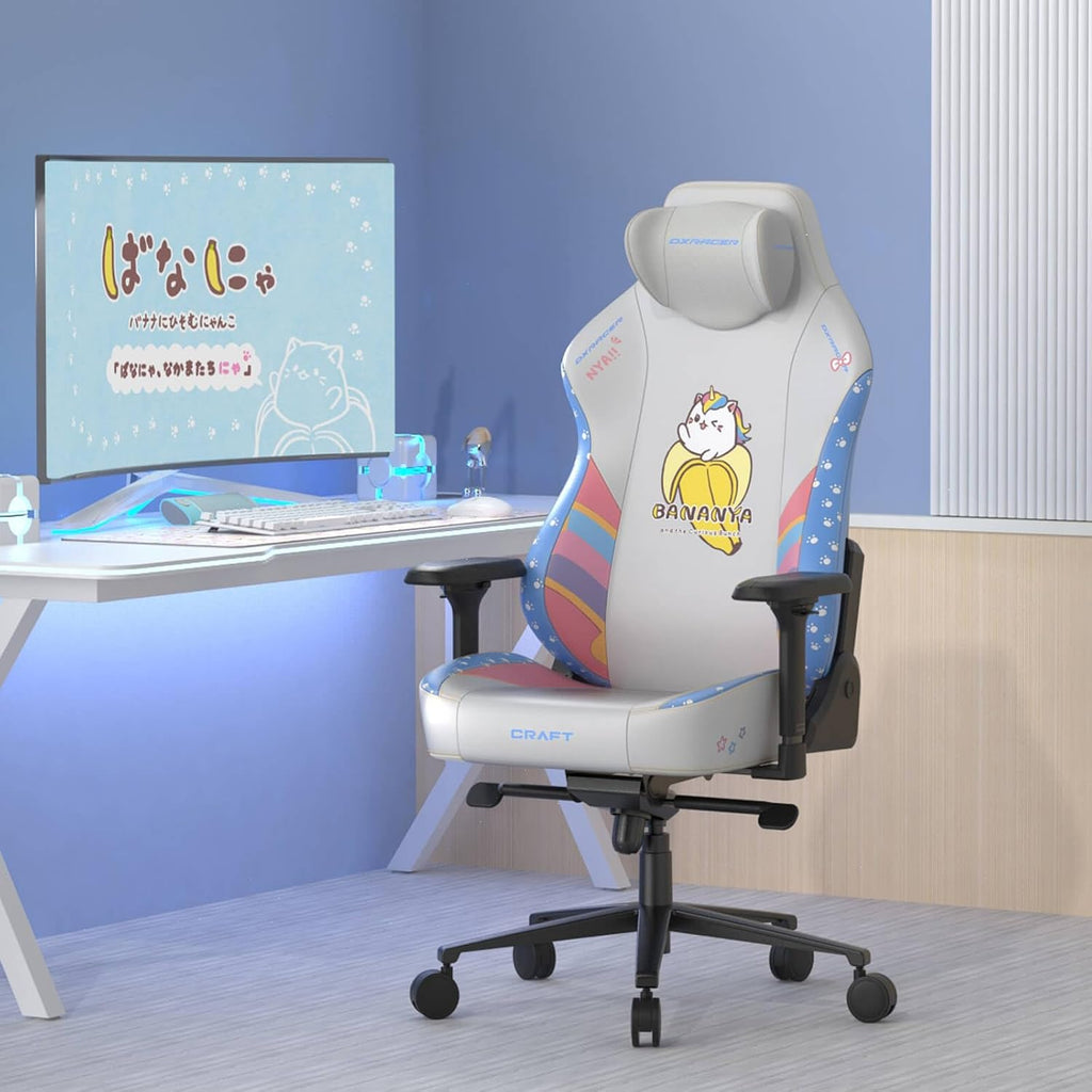 DXRacer Craft L Video Gaming Chair for Adults, Ergonomic Office Reclining Computer Chair with Magnetic Head Pillow and Lumbar Support, Racing Style Height Adjustable (EPU Leatherette, Bananya Cat)