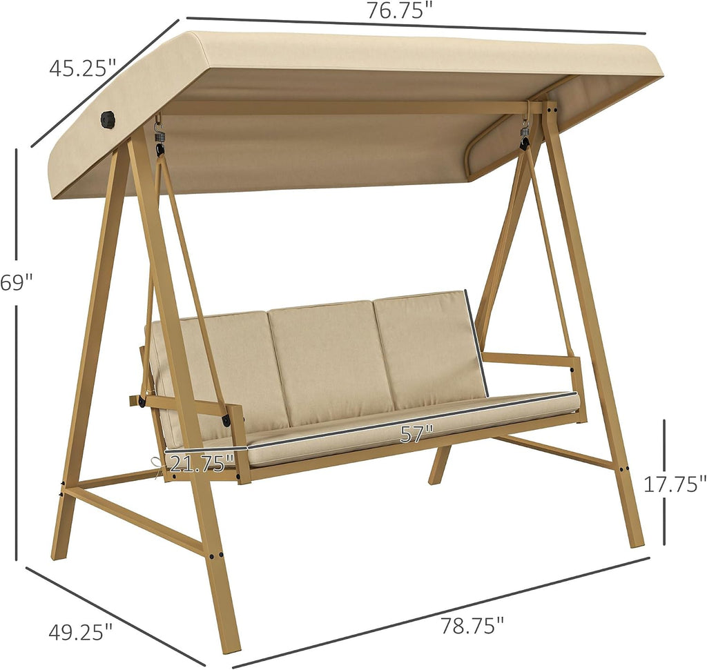 Outsunny 3-Seater Outdoor Porch Swing with Stand, Heavy Duty Patio Swing Chair with Adjustable Canopy, Removable Cushions, Breathable Mesh Seat for Garden, Backyard, and Poolside, Beige