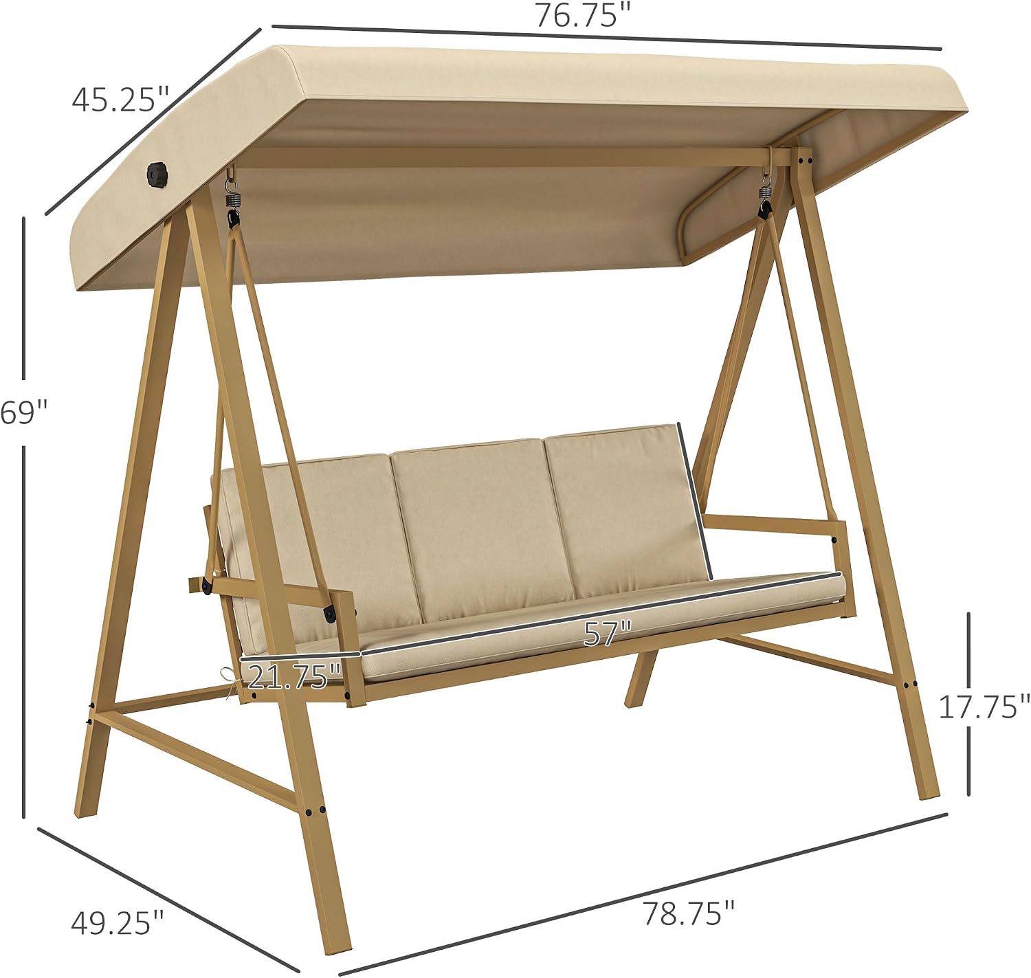 Outsunny 3-Seater Outdoor Porch Swing with Stand, Heavy Duty Patio Swing Chair with Adjustable Canopy, Removable Cushions, Breathable Mesh Seat for Garden, Backyard, and Poolside, Beige