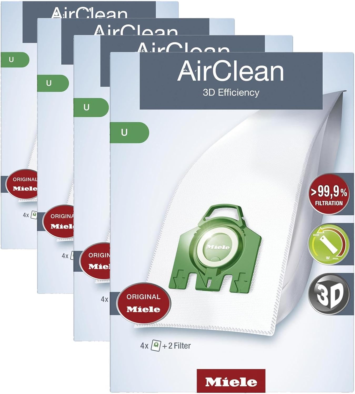 Miele Original AirClean 3D Efficiency U Vacuum Cleaner Bags for Miele Dynamic U1 and S7 Models, Filters More Than 99.9% of Dust, 10123230,4 Count (Pack of 4)