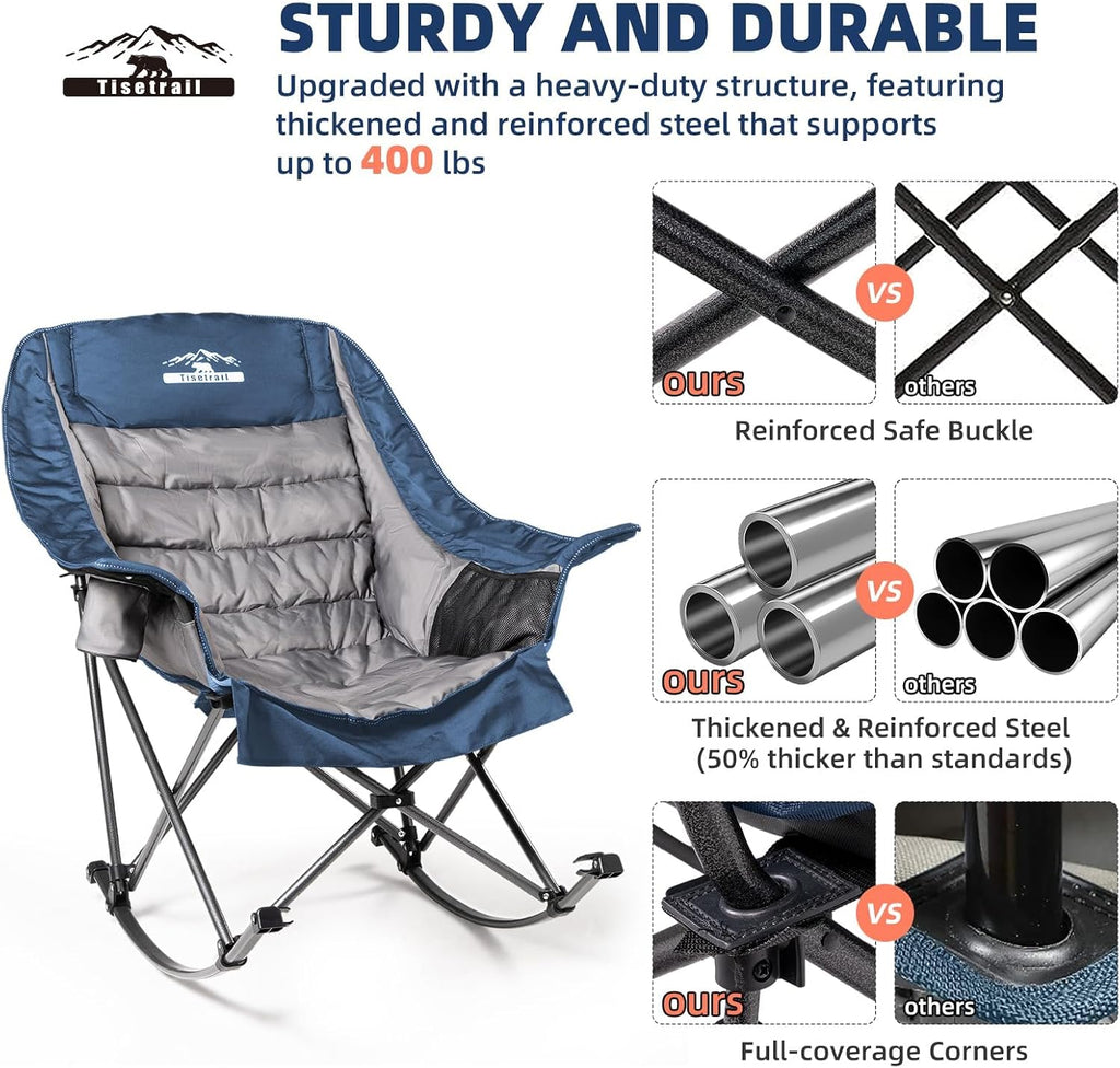 Oversized Rocking Camping Chairs Set of 2, Fully Padded Camp Chairs for Adults with Side Pocket and Cup Holder, Heavy-Duty 400lbs Capacity, Blue & Gray