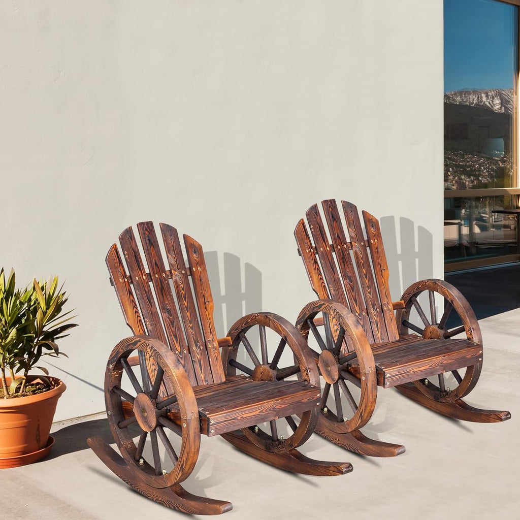Outvita Adirondack Rocking Chair Set of 2, Wood Wagon Rocker, Outdoor Wooden Carbonized Lounge Chairs with Wheel Armrest for Garden Patio Country Yard Porch, Fir