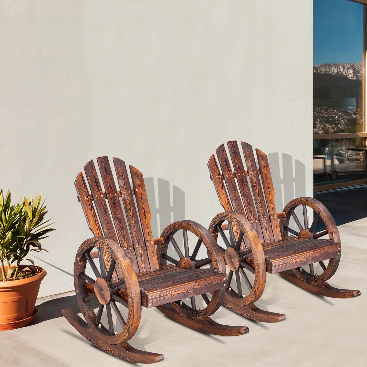 Outvita Adirondack Rocking Chair Set of 2, Wood Wagon Rocker, Outdoor Wooden Carbonized Lounge Chairs with Wheel Armrest for Garden Patio Country Yard Porch, Fir
