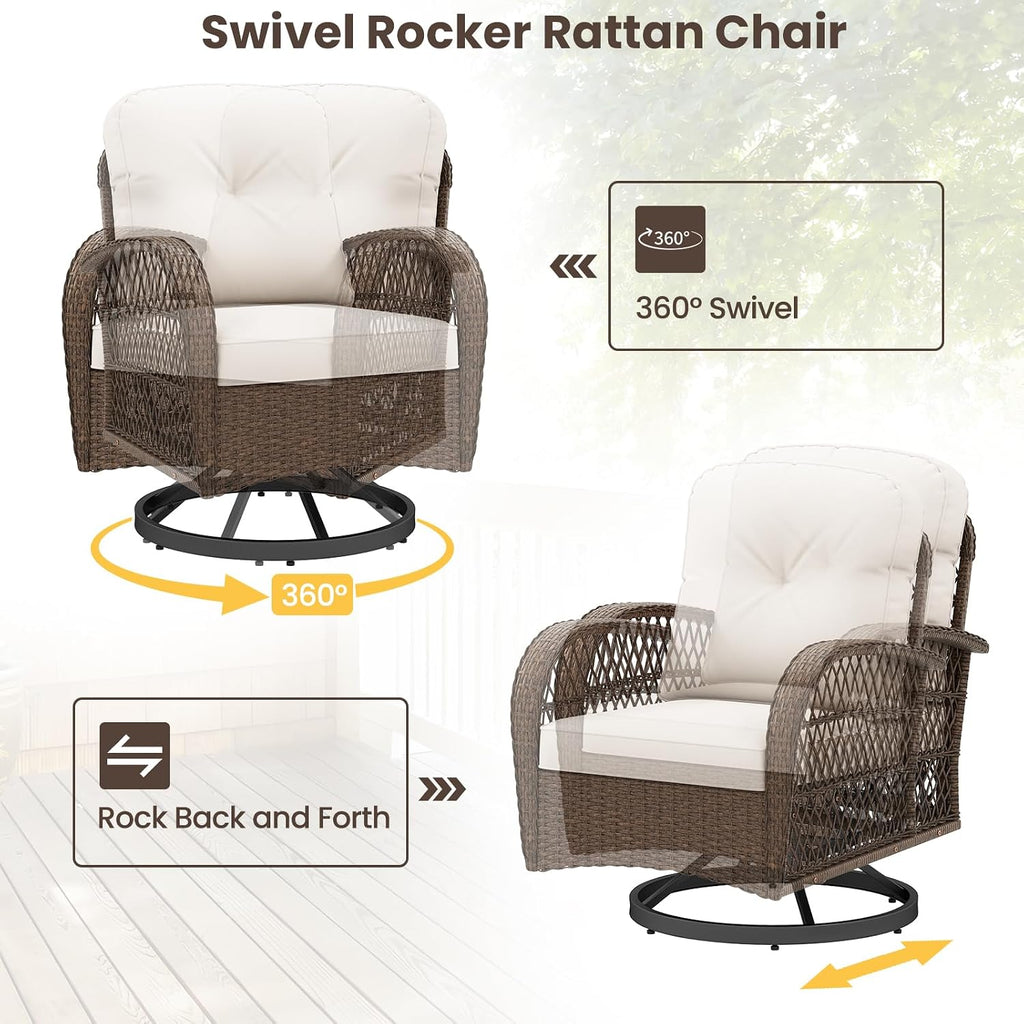 ORALNER 3 Pieces Wicker 360° Swivel Rocker Set Patio Furniture, Rocking Chairs with Cushions, Tempered Glass Coffee Table, Outdoor Rattan Bistro Set for Balcony Front Porch Deck Poolside (White)